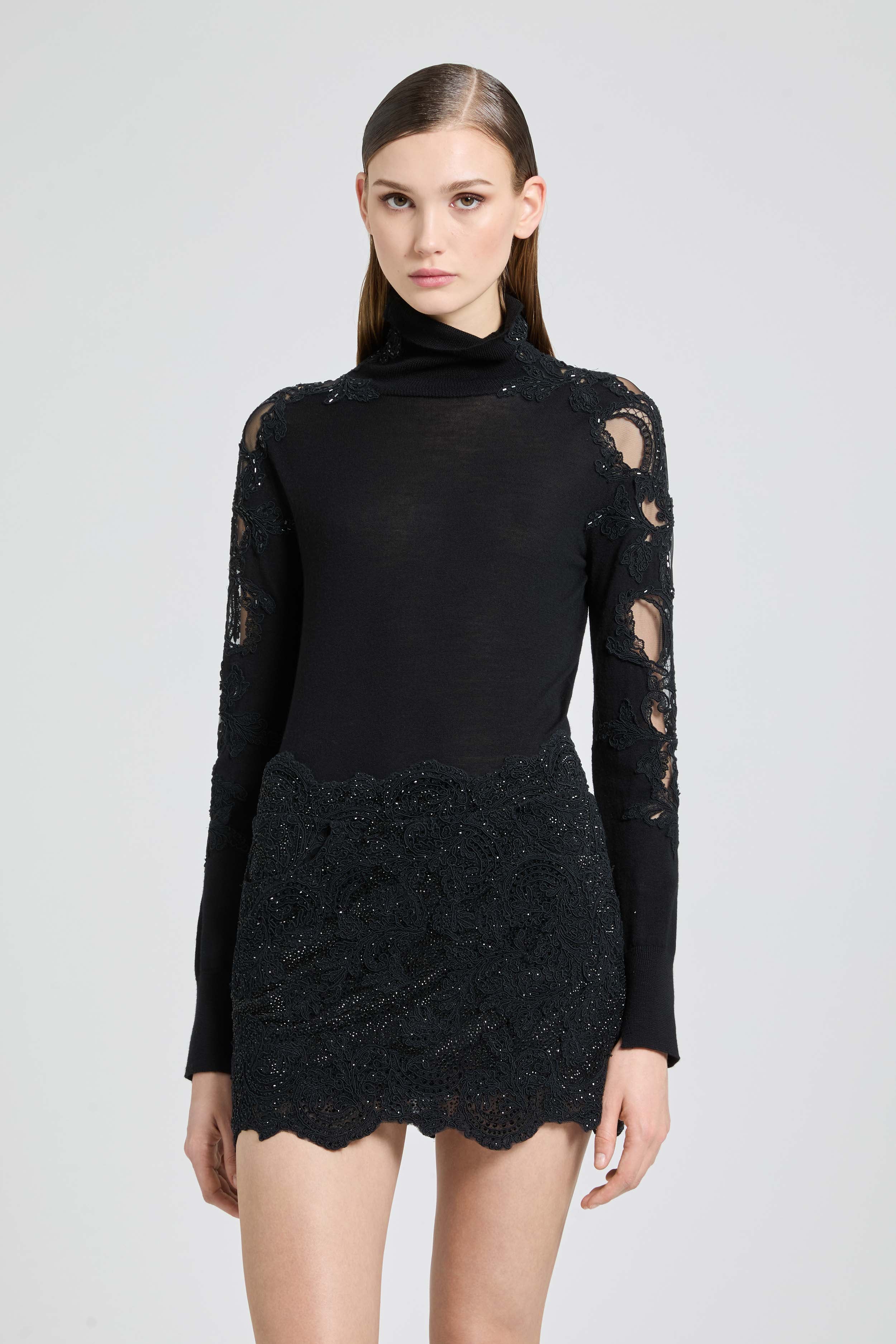 Long-sleeved virgin wool turtleneck sweater with lace and crystals - Image 3