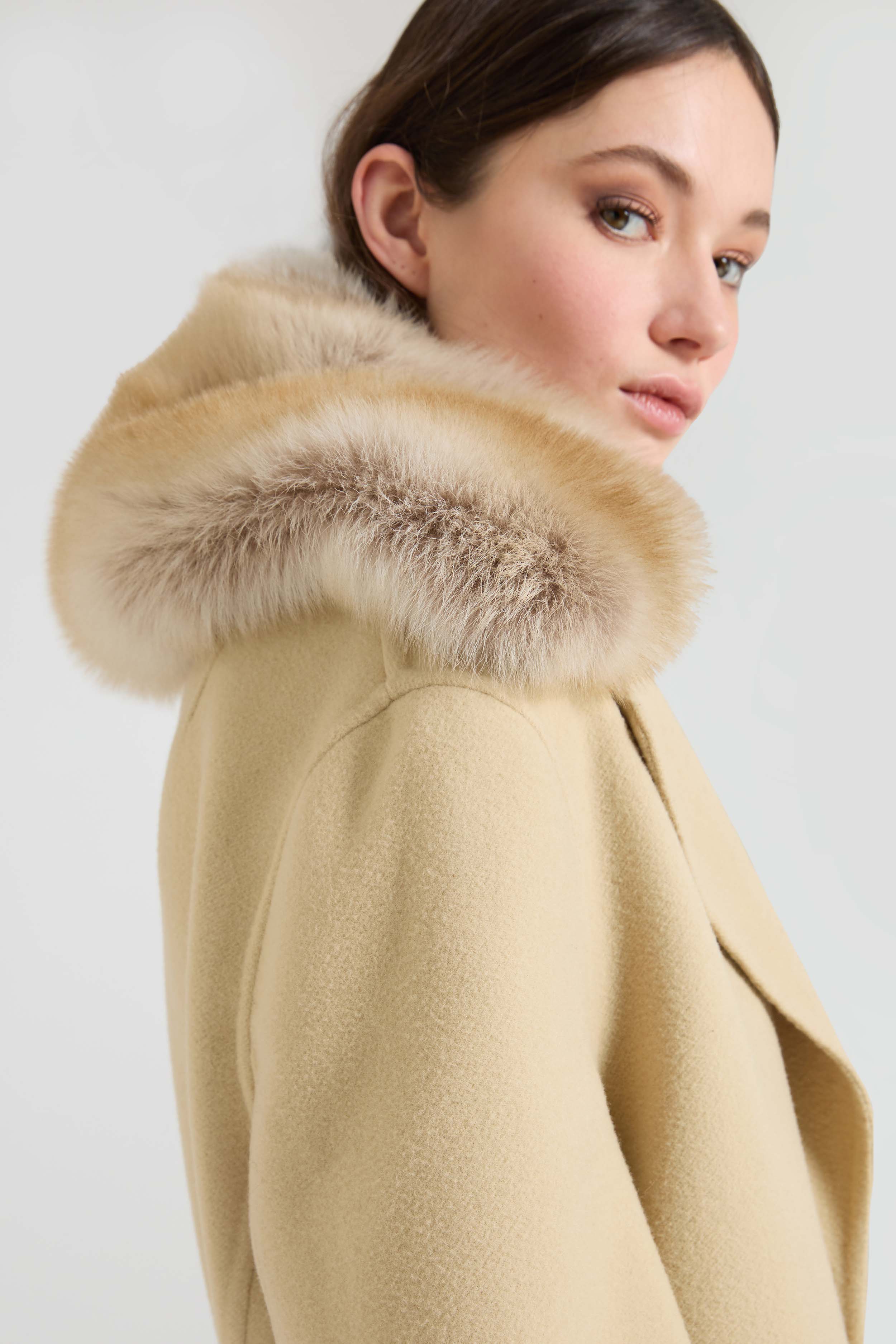 Mid-Length Single-Breasted Coat in Wool Double with Shearling Fox-Effect Lapels and Leather Belt - Image 3