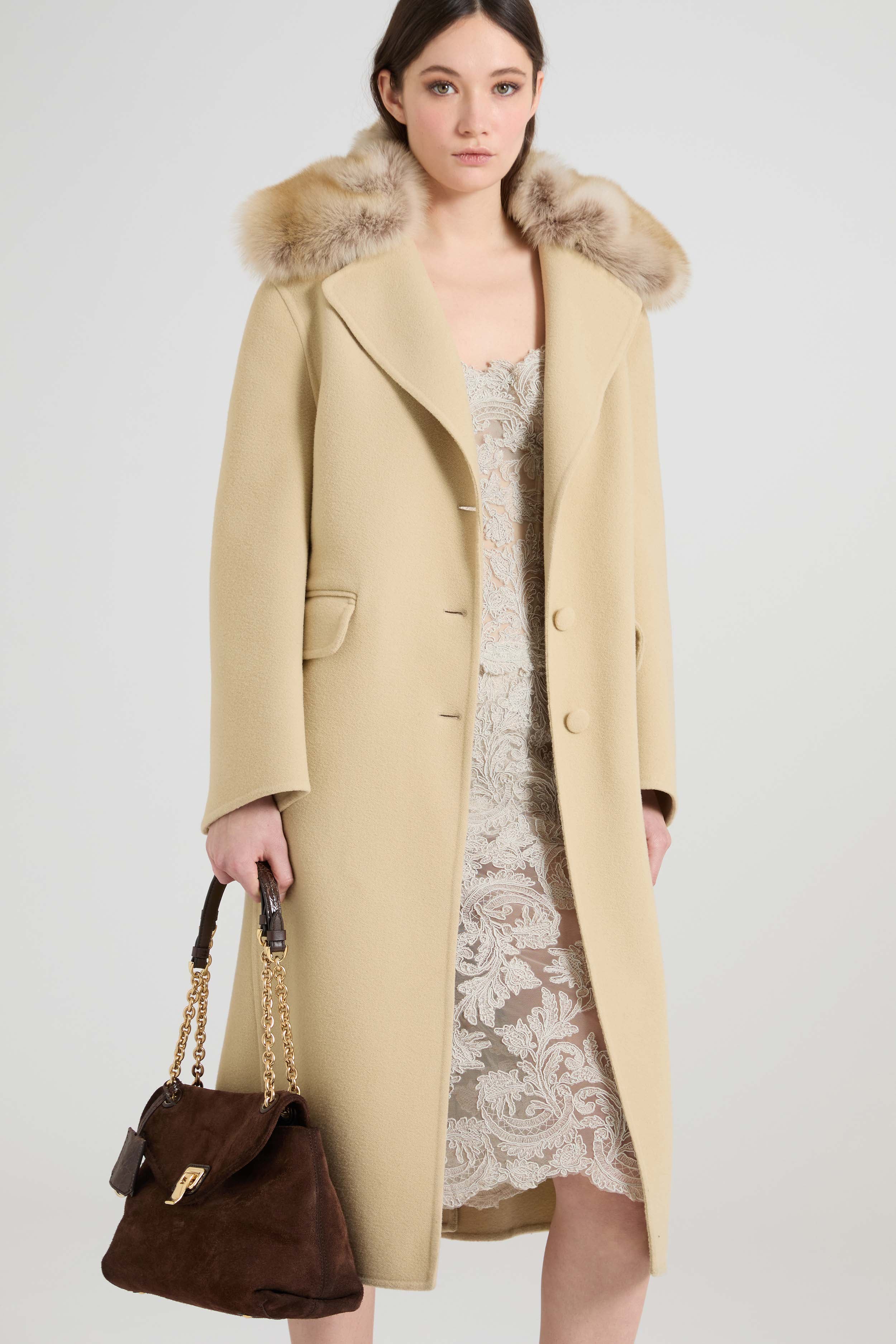 Mid-Length Single-Breasted Coat in Wool Double with Shearling Fox-Effect Lapels and Leather Belt - Image 4