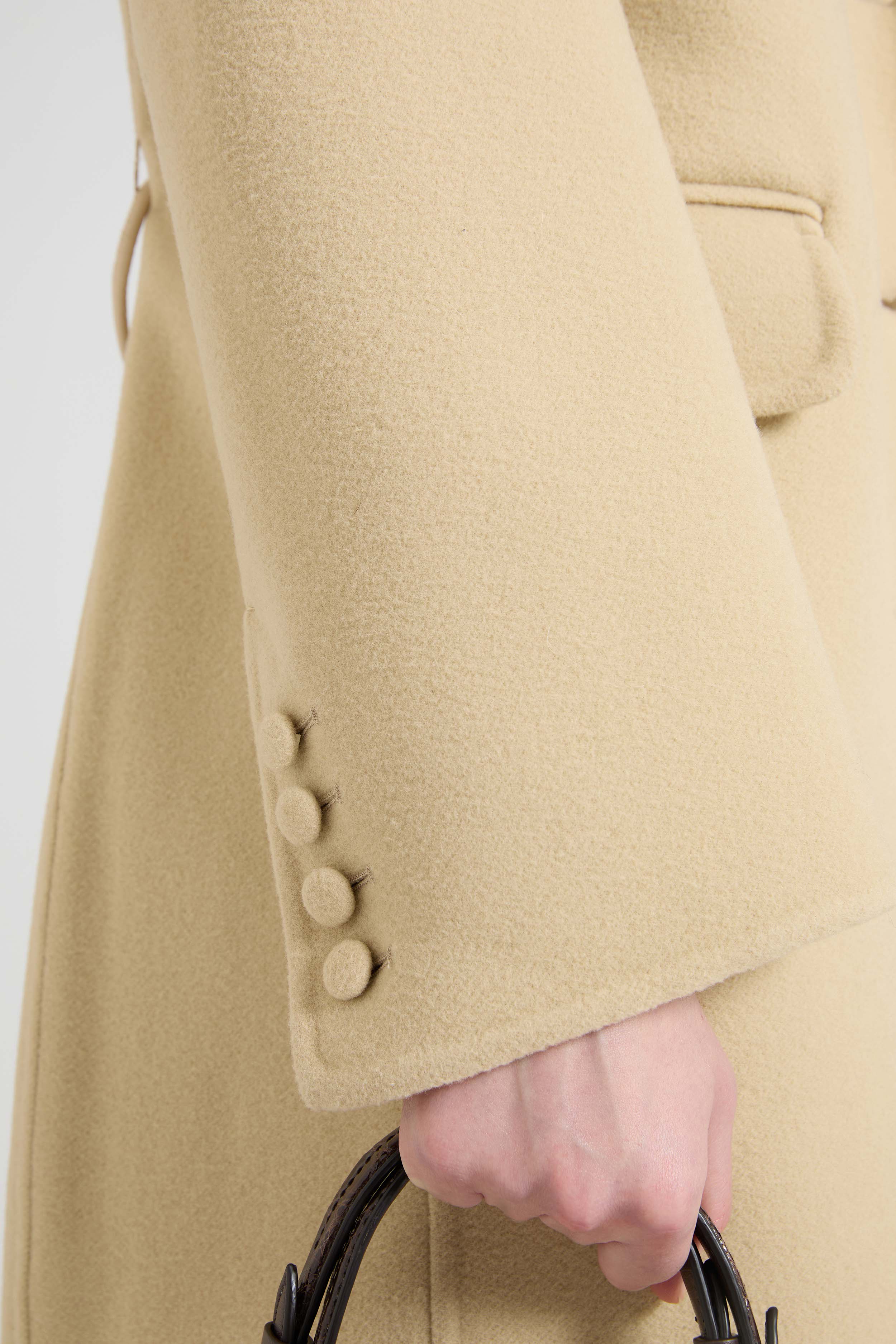 Mid-Length Single-Breasted Coat in Wool Double with Shearling Fox-Effect Lapels and Leather Belt - Image 5