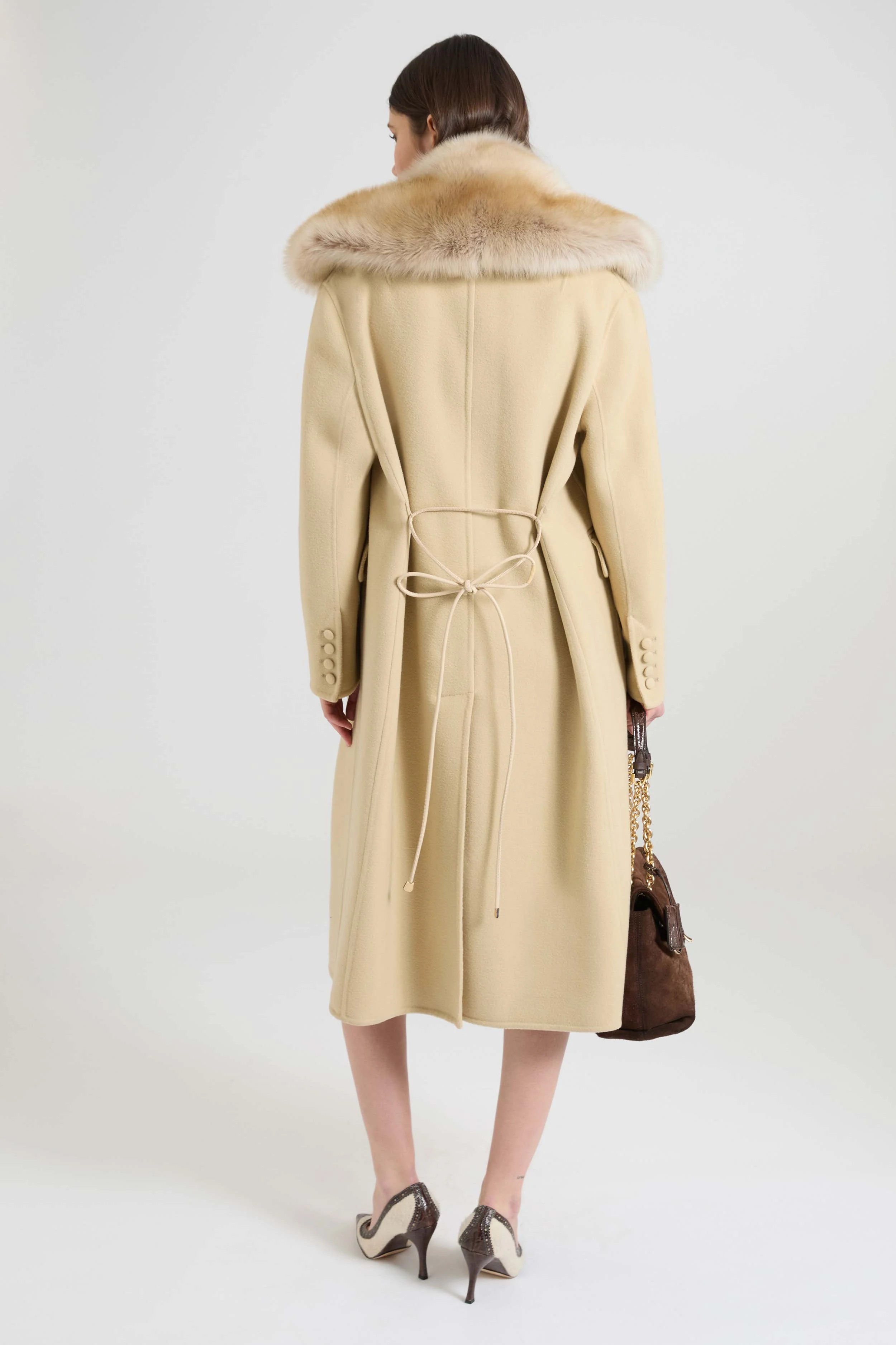 Mid-Length Single-Breasted Coat in Wool Double with Shearling Fox-Effect Lapels and Leather Belt - Image 6