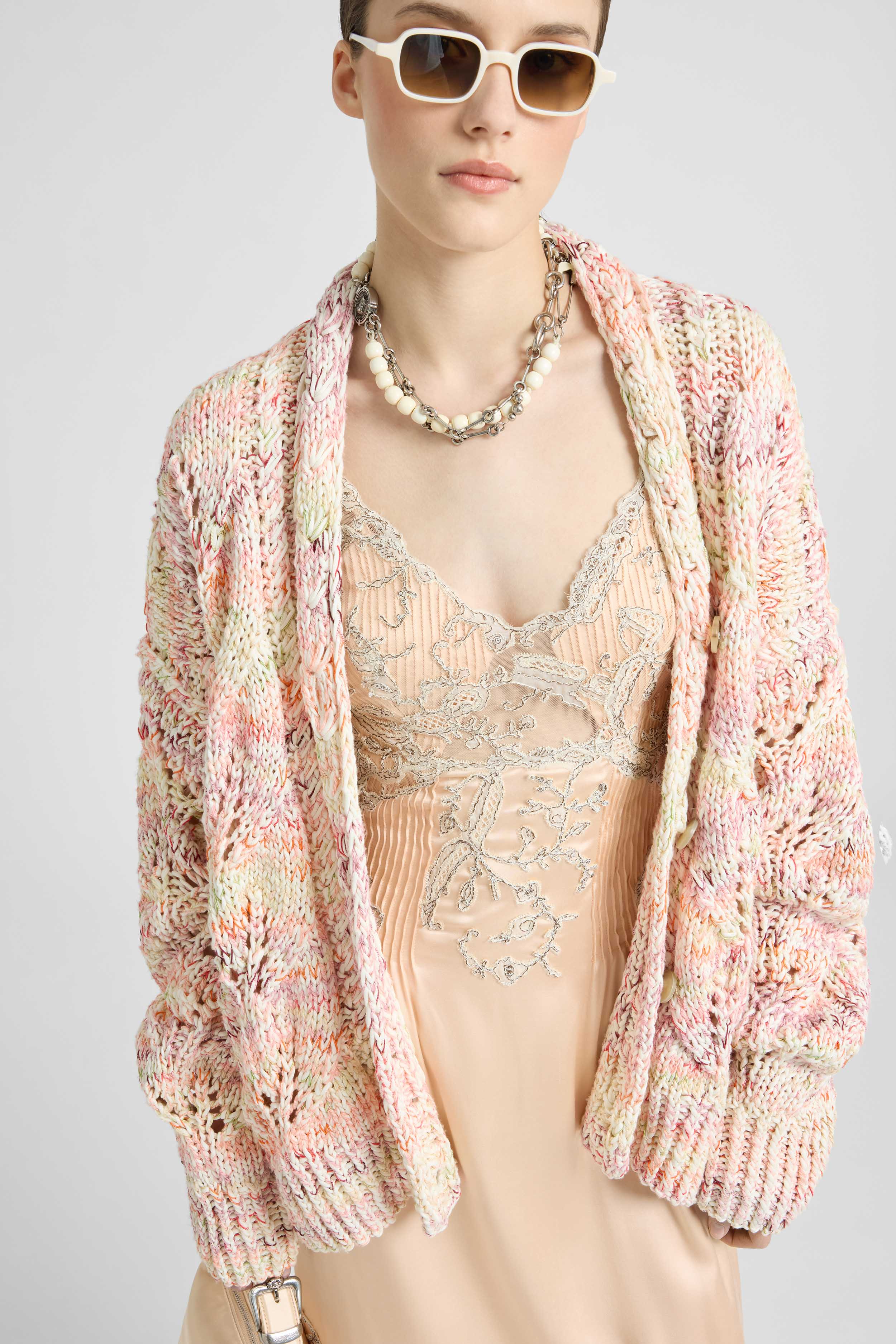 Midi Cotton Mouliné Cardigan with Interlaced Leaf Pattern - Image 3
