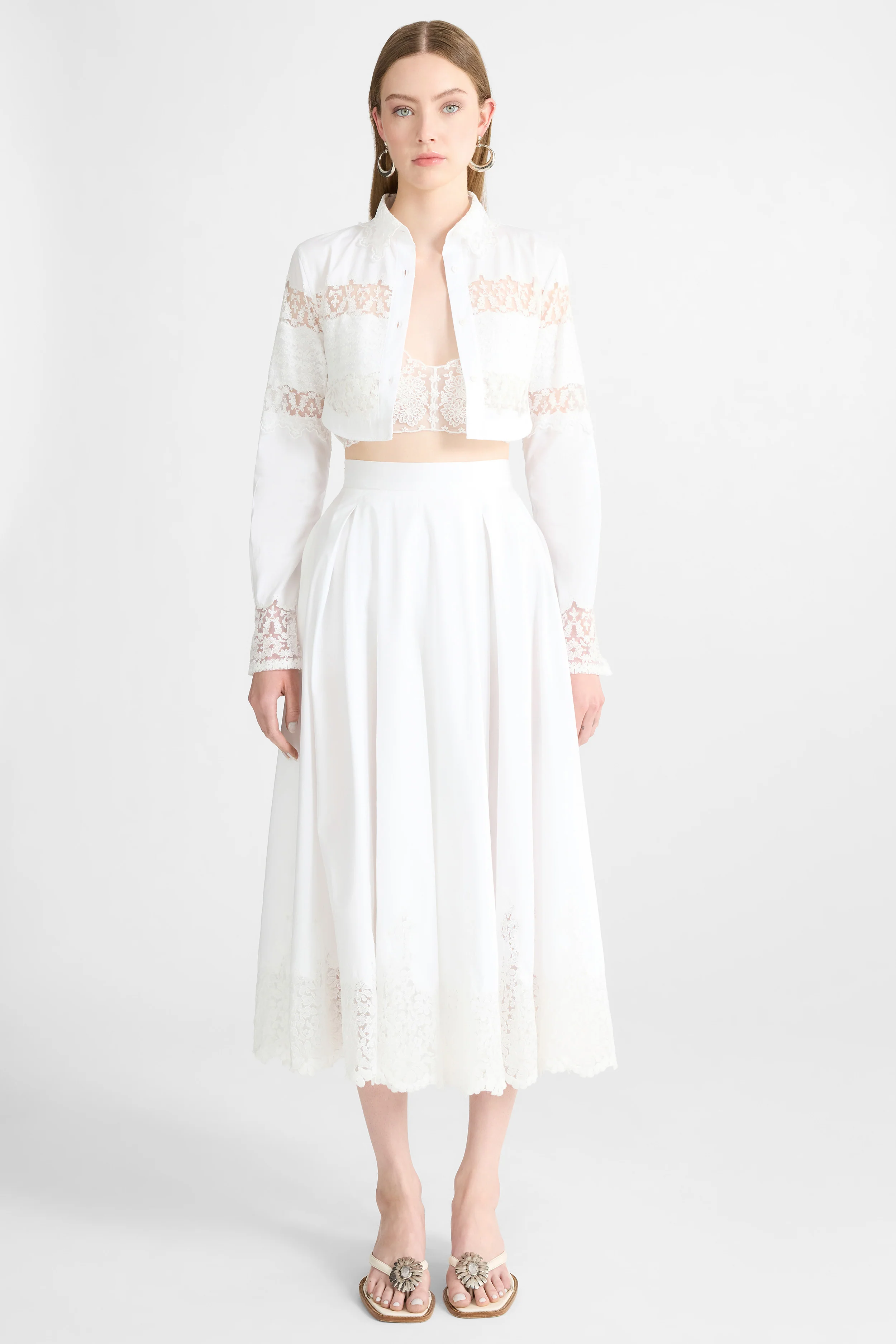 Midi Cotton Poplin Skirt with Hand-Applied Rebrodé Lace - Image 4