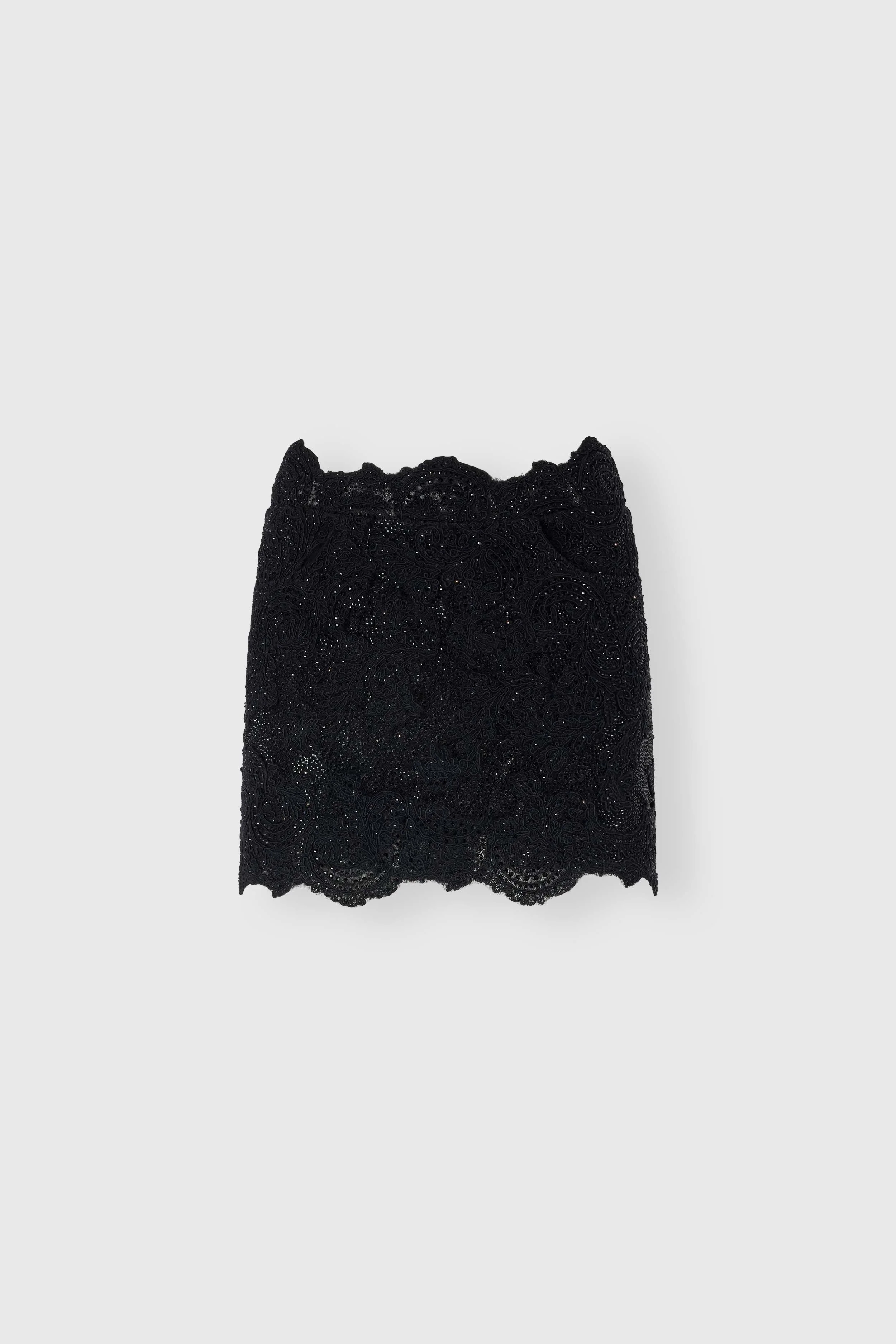Mini skirt in rebrodé lace with tonal crystals