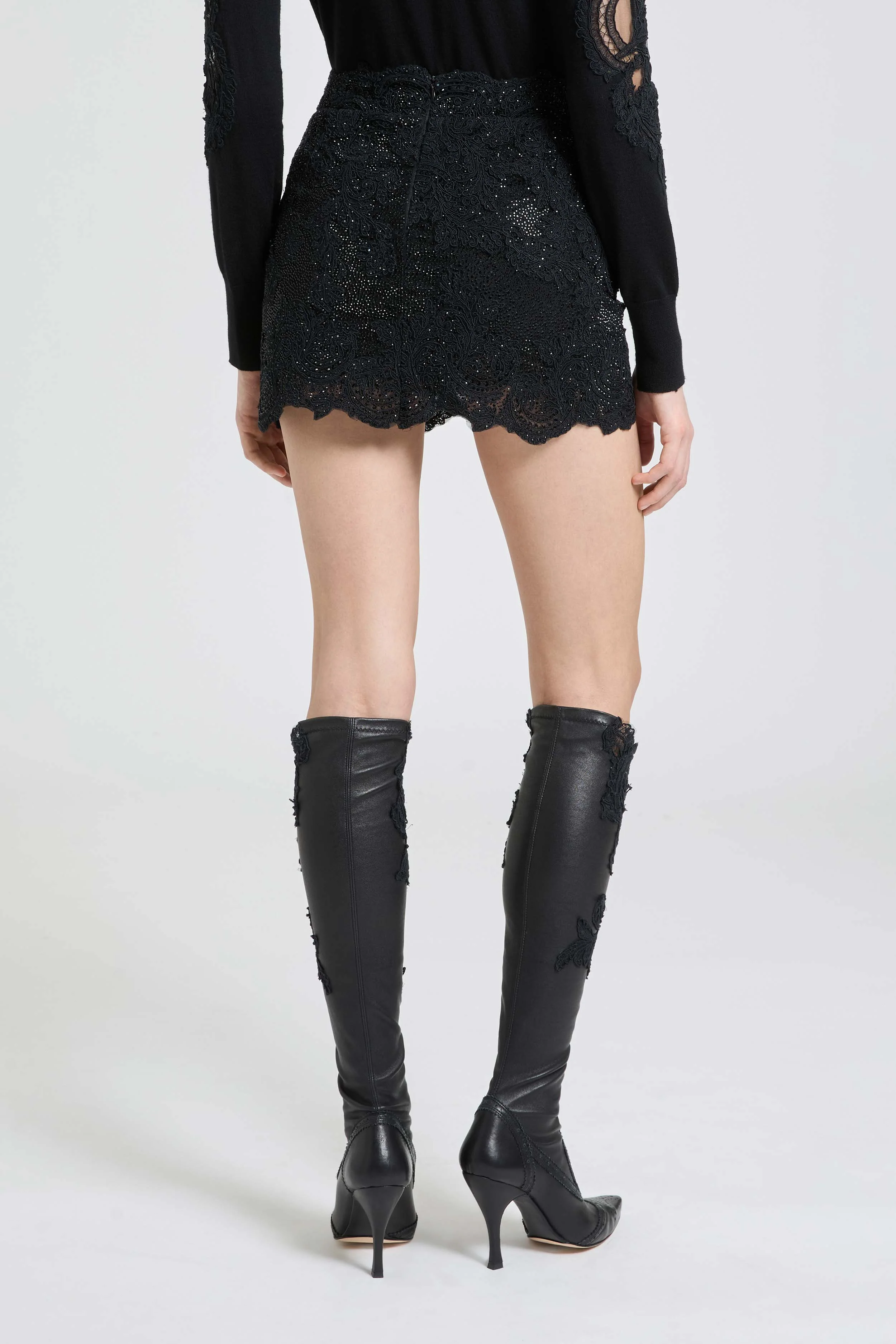 Mini skirt in rebrodé lace with tonal crystals - Image 5