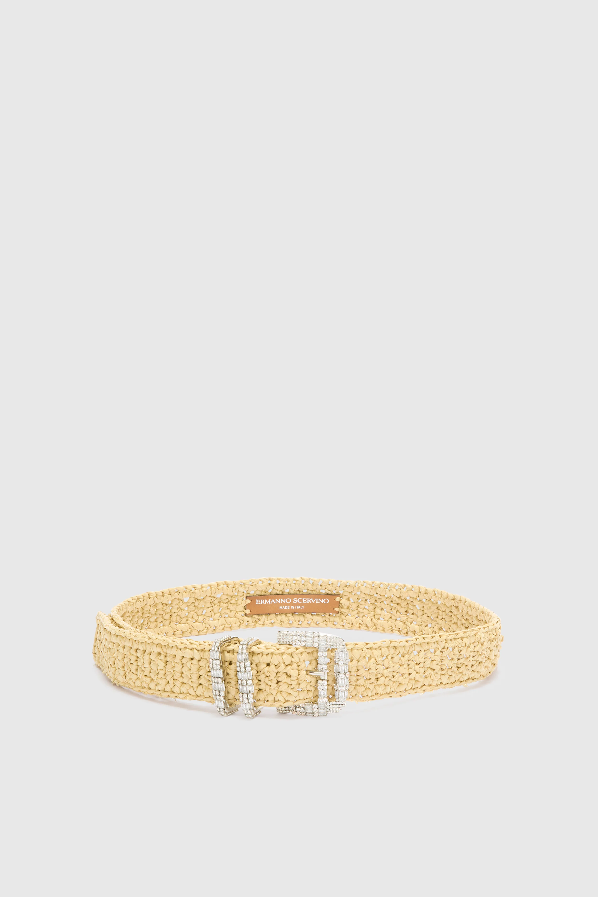 Natural raffia belt with jewel buckle and loops
