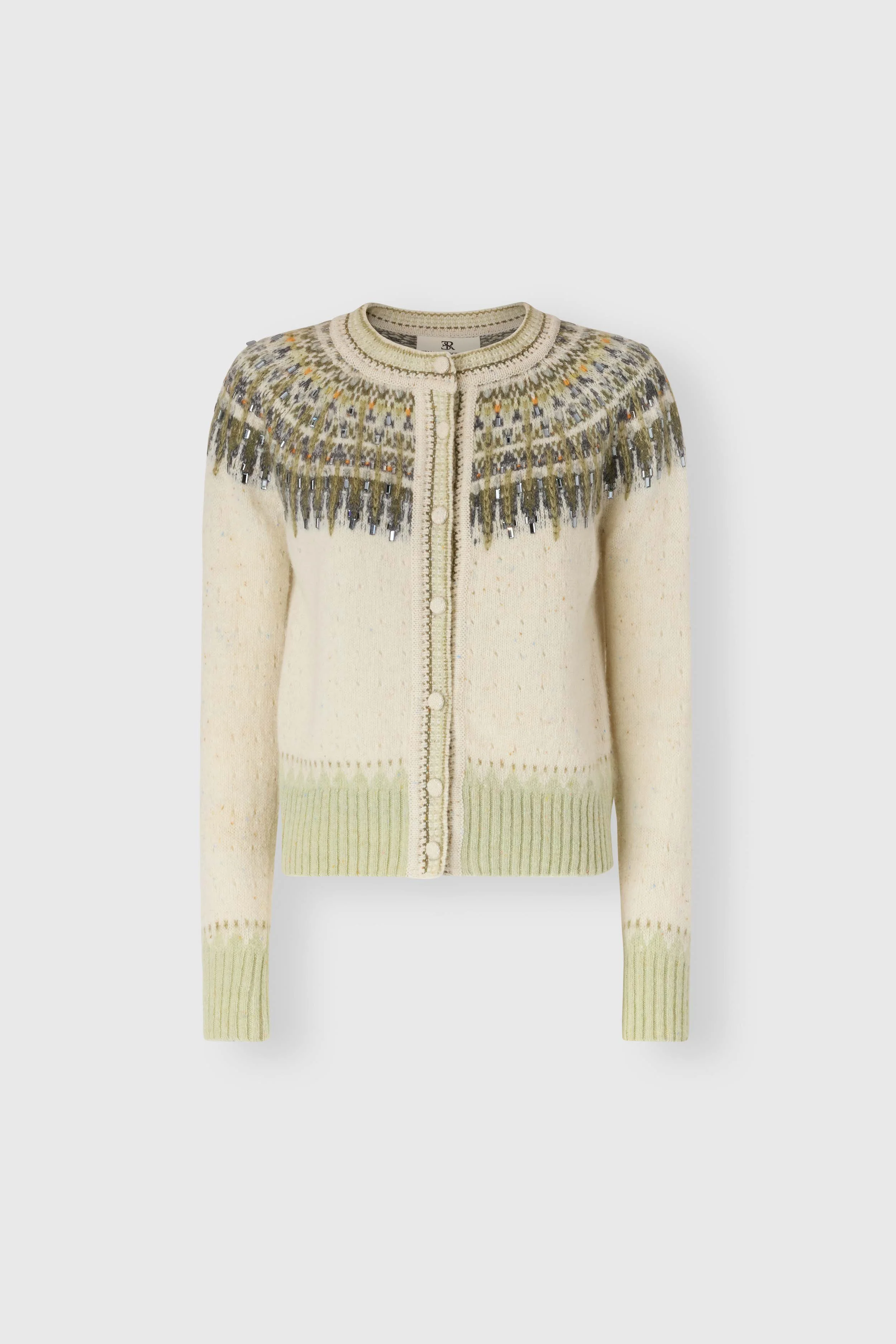 Nordic-inspired jacquard cardigan in wool, cashmere and silk with crystals
