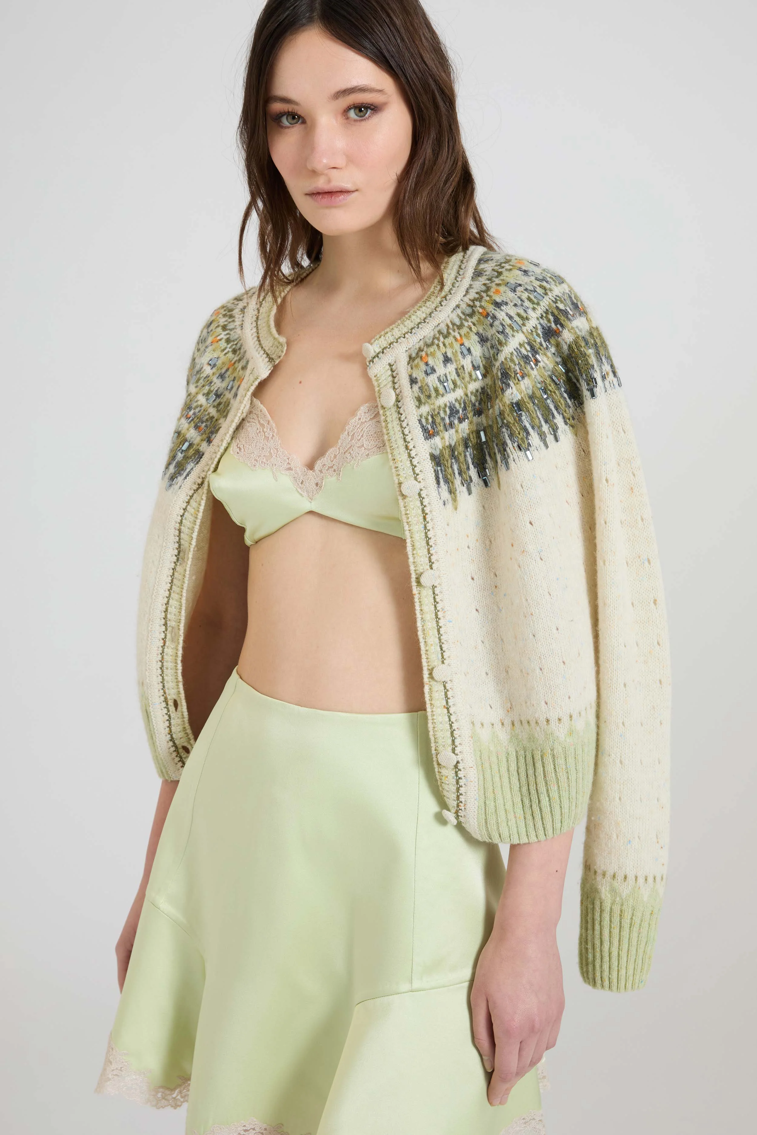 Nordic-inspired jacquard cardigan in wool, cashmere and silk with crystals - Image 2