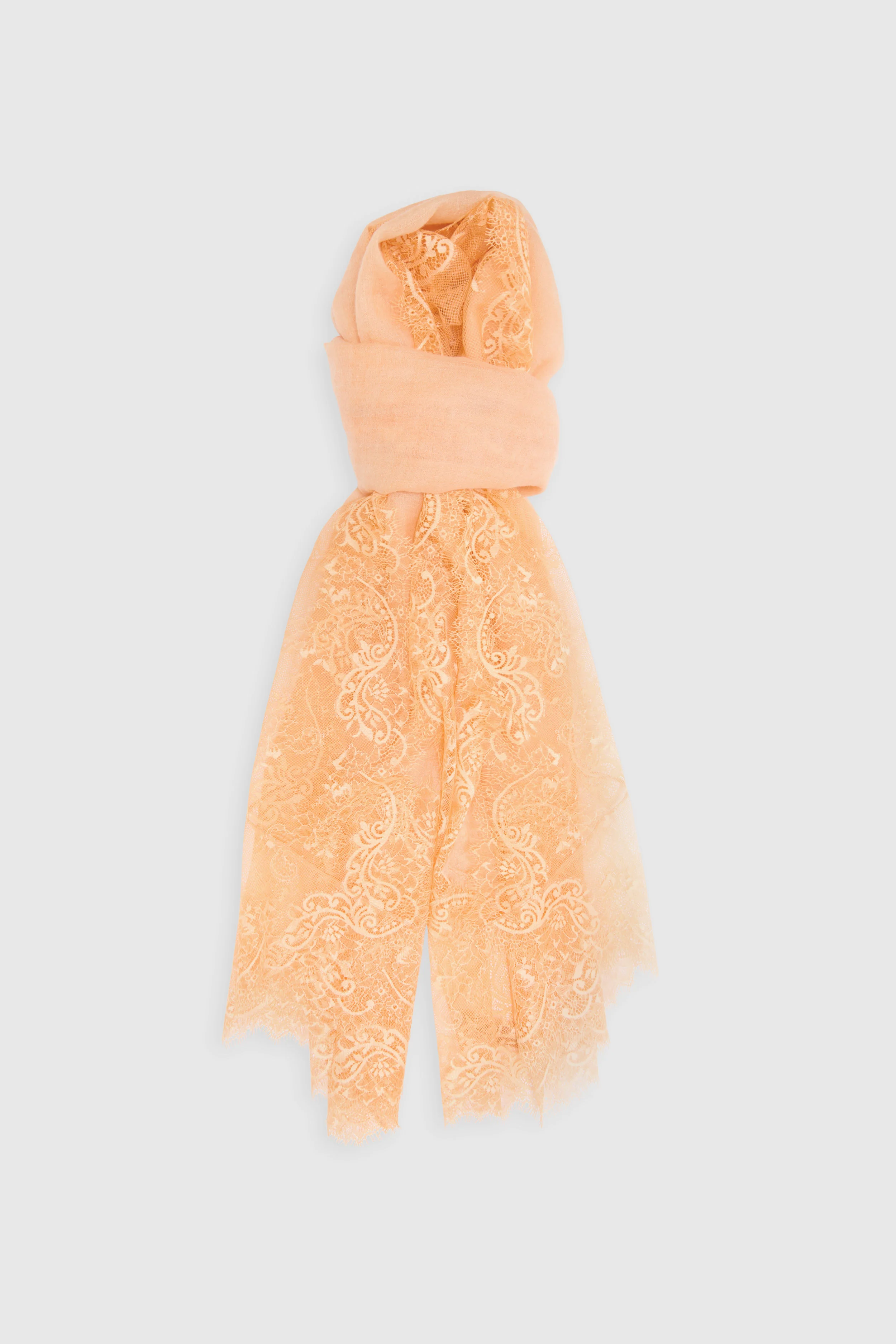 Orange pure cashmere stole with fine rebrodé lace trim