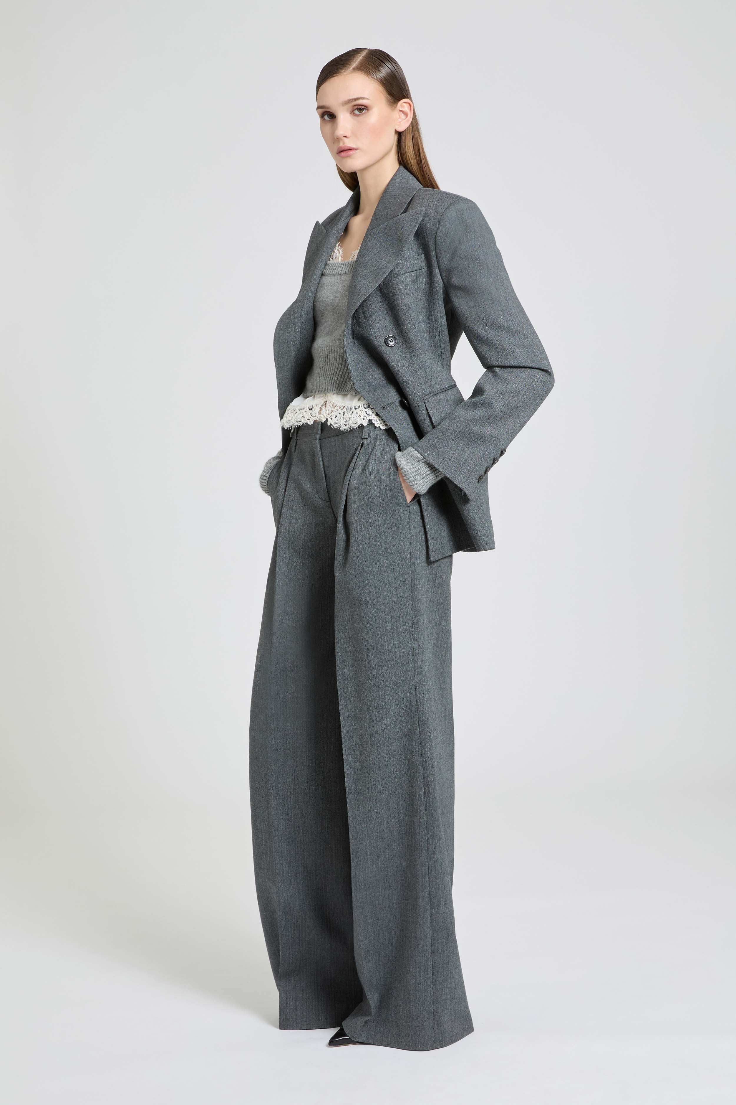 Palazzo Trousers in Fresco Wool with Yarn-Dyed Resca Pattern - Image 2