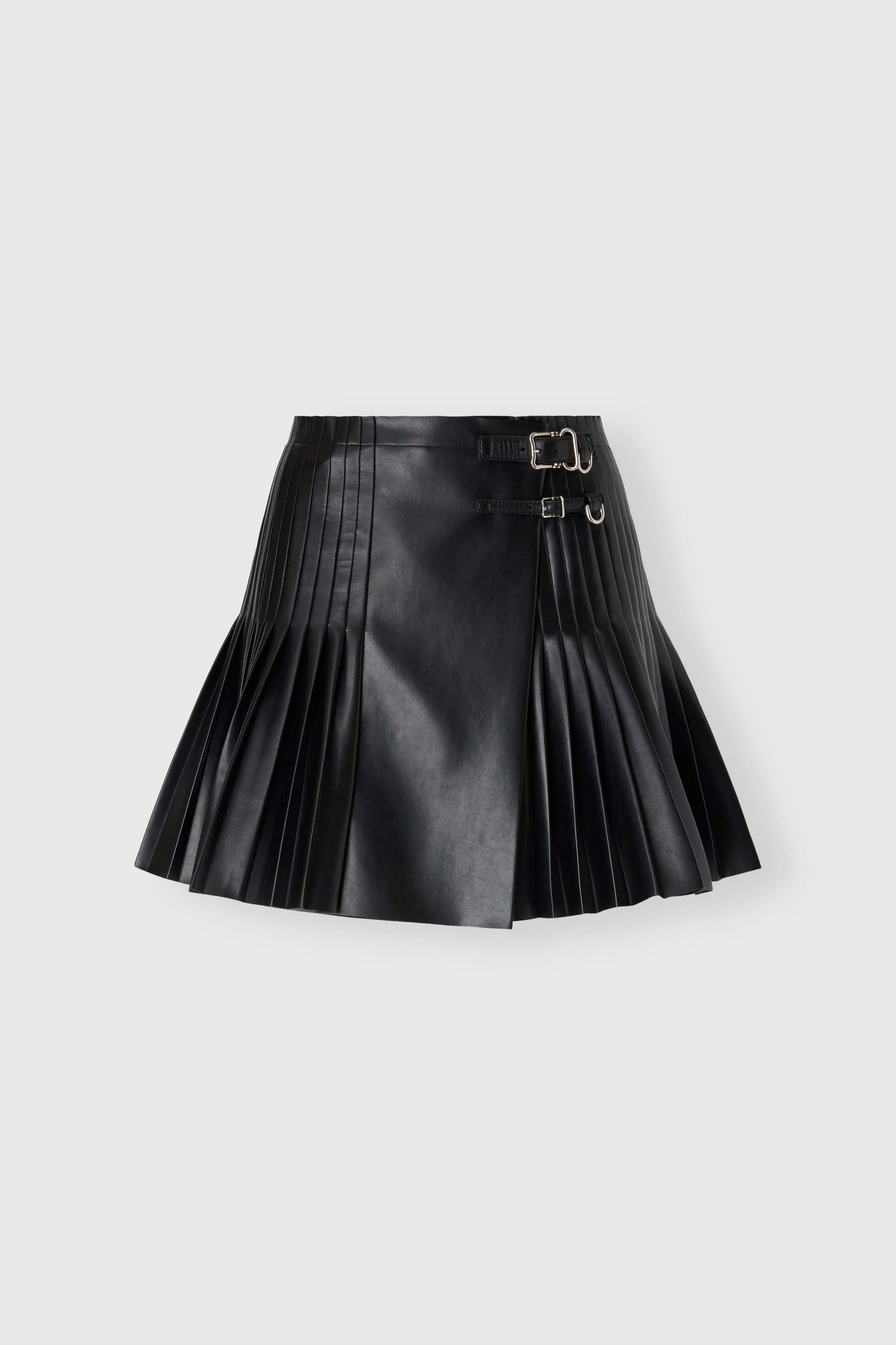 Pleated faux leather-effect mini skirt with double side belt