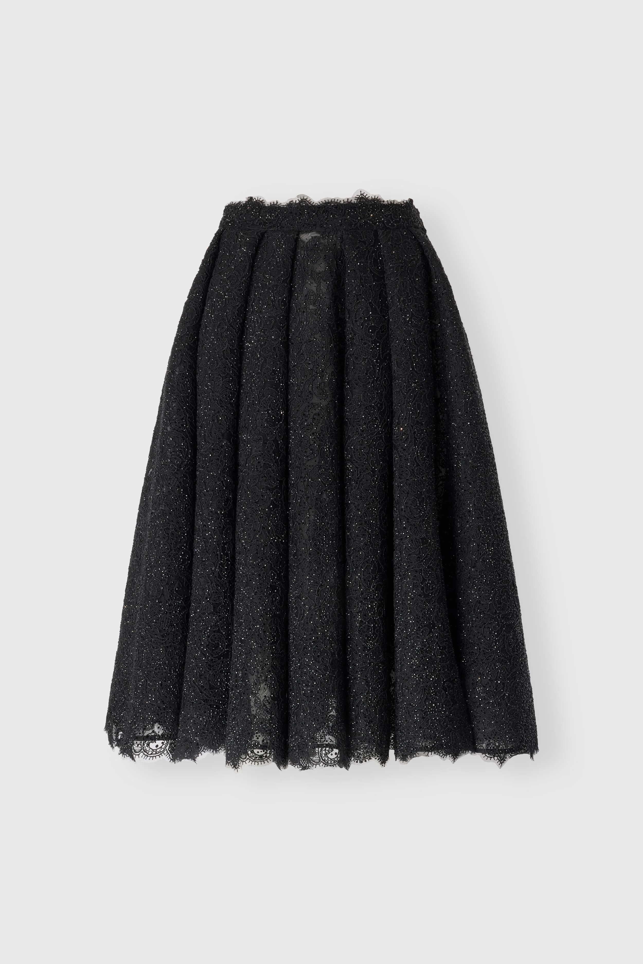 Pleated midi skirt in rebrodé lace with tonal crystals