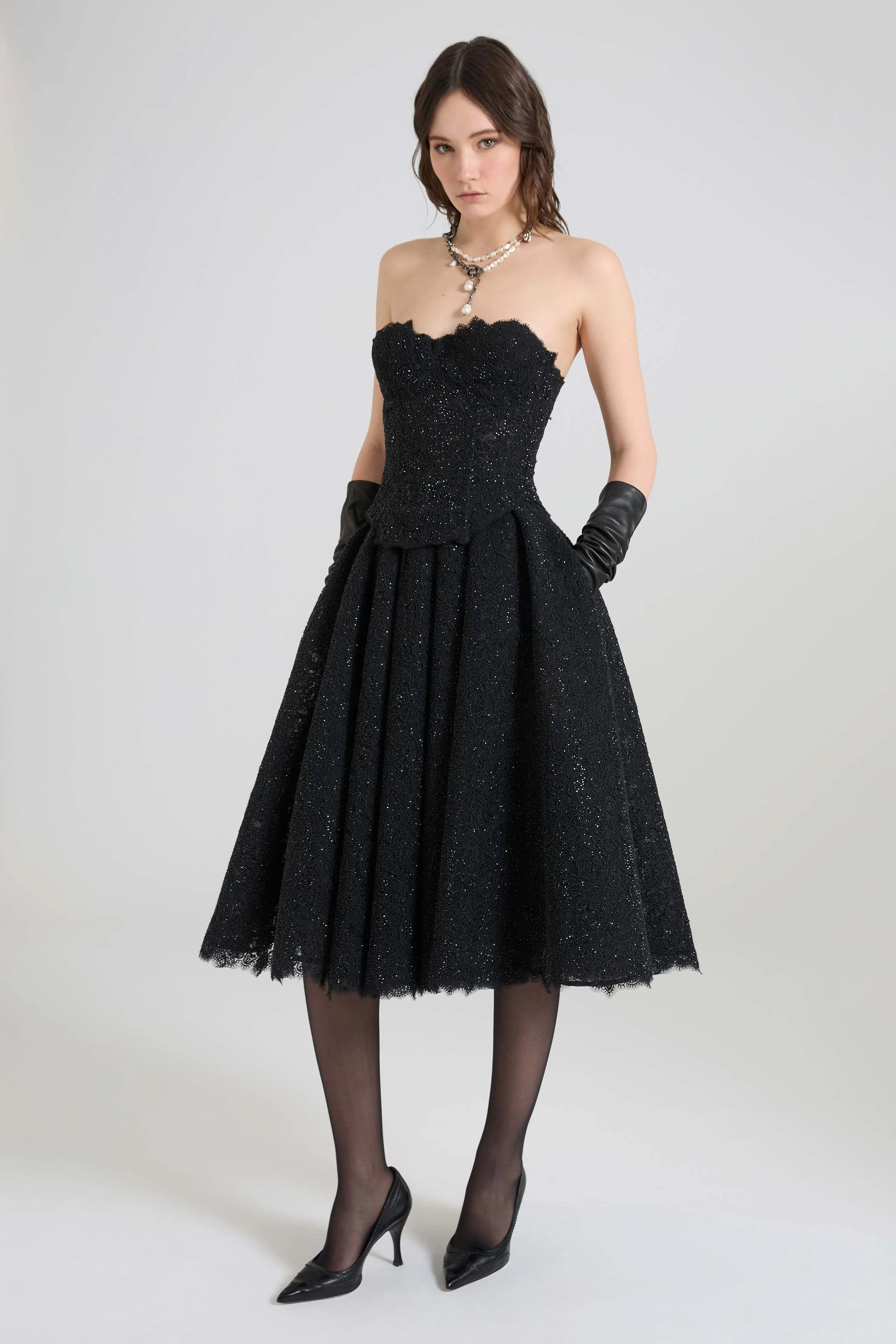 Pleated midi skirt in rebrodé lace with tonal crystals - Image 2