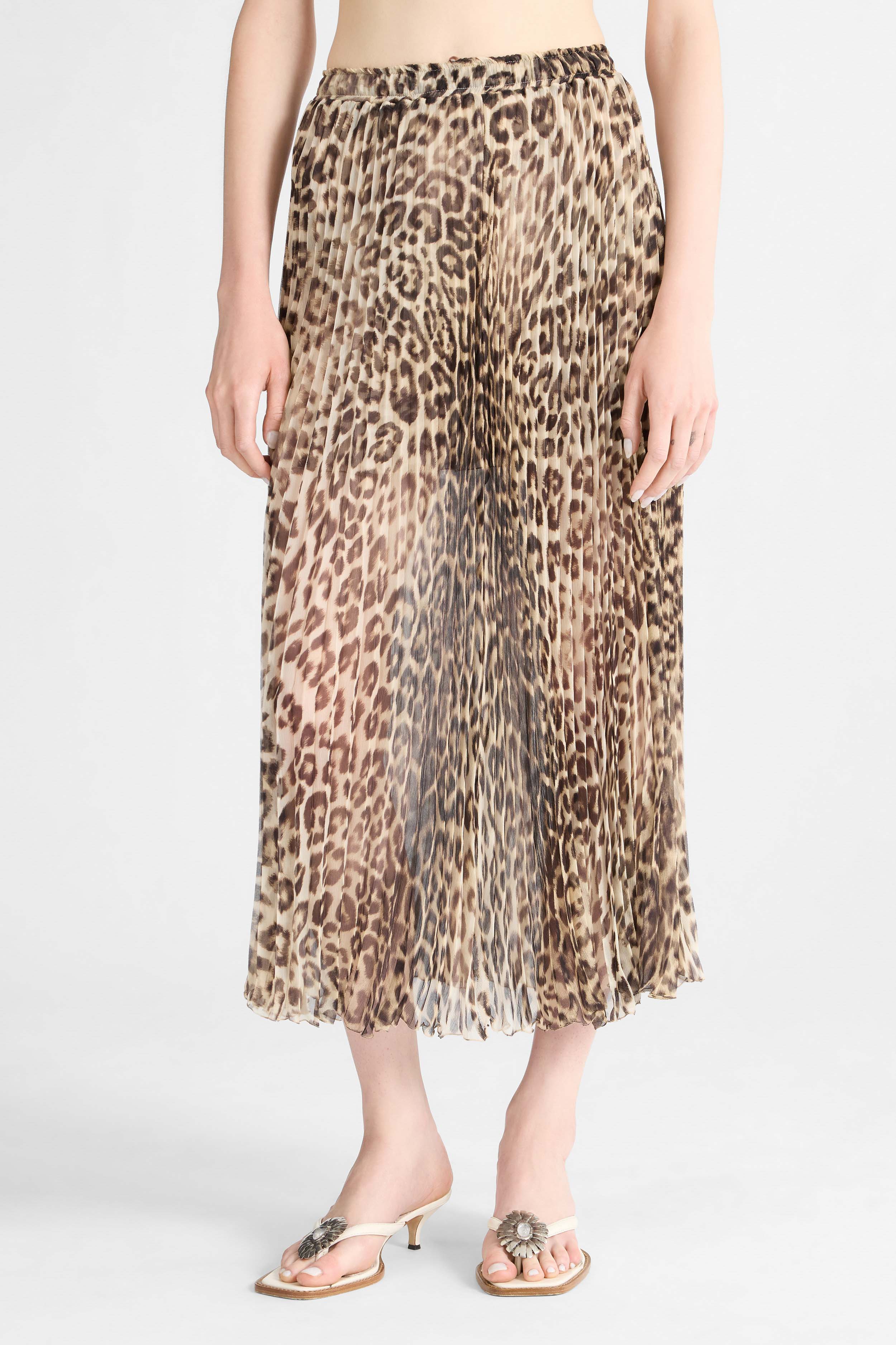 Pleated Midi Skirt in Silk with Natural Leopard Print - Image 3
