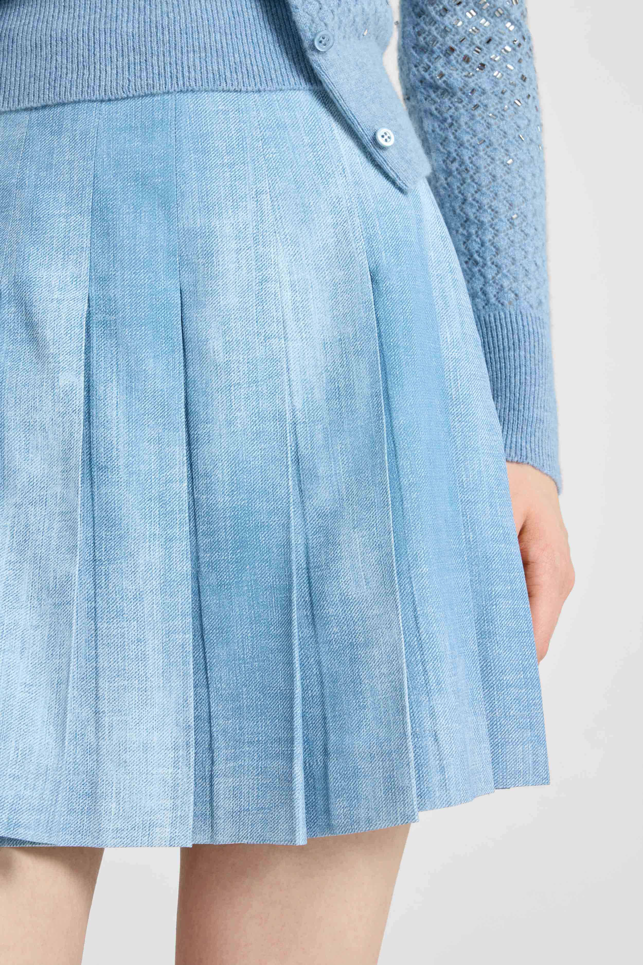 Pleated Mini Skirt in Marocain Jeans Print - Image 3