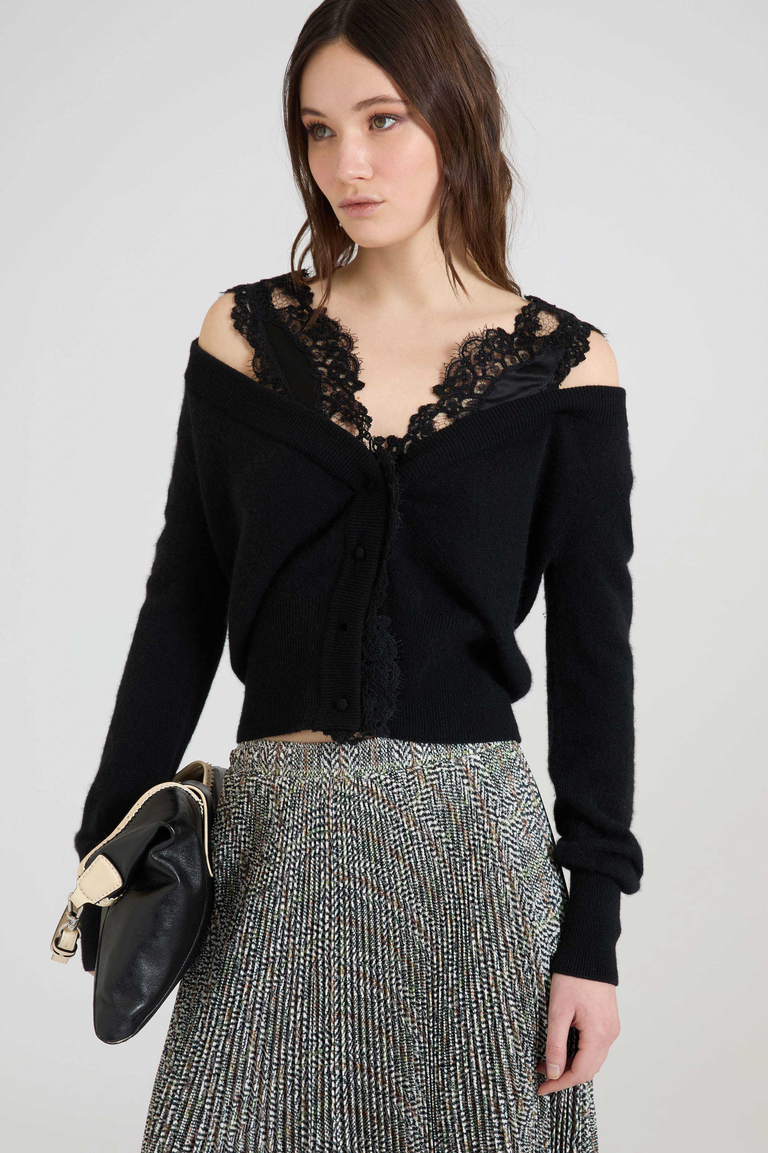 Pure cashmere deep V-neck cardigan with wool lace details - Image 2