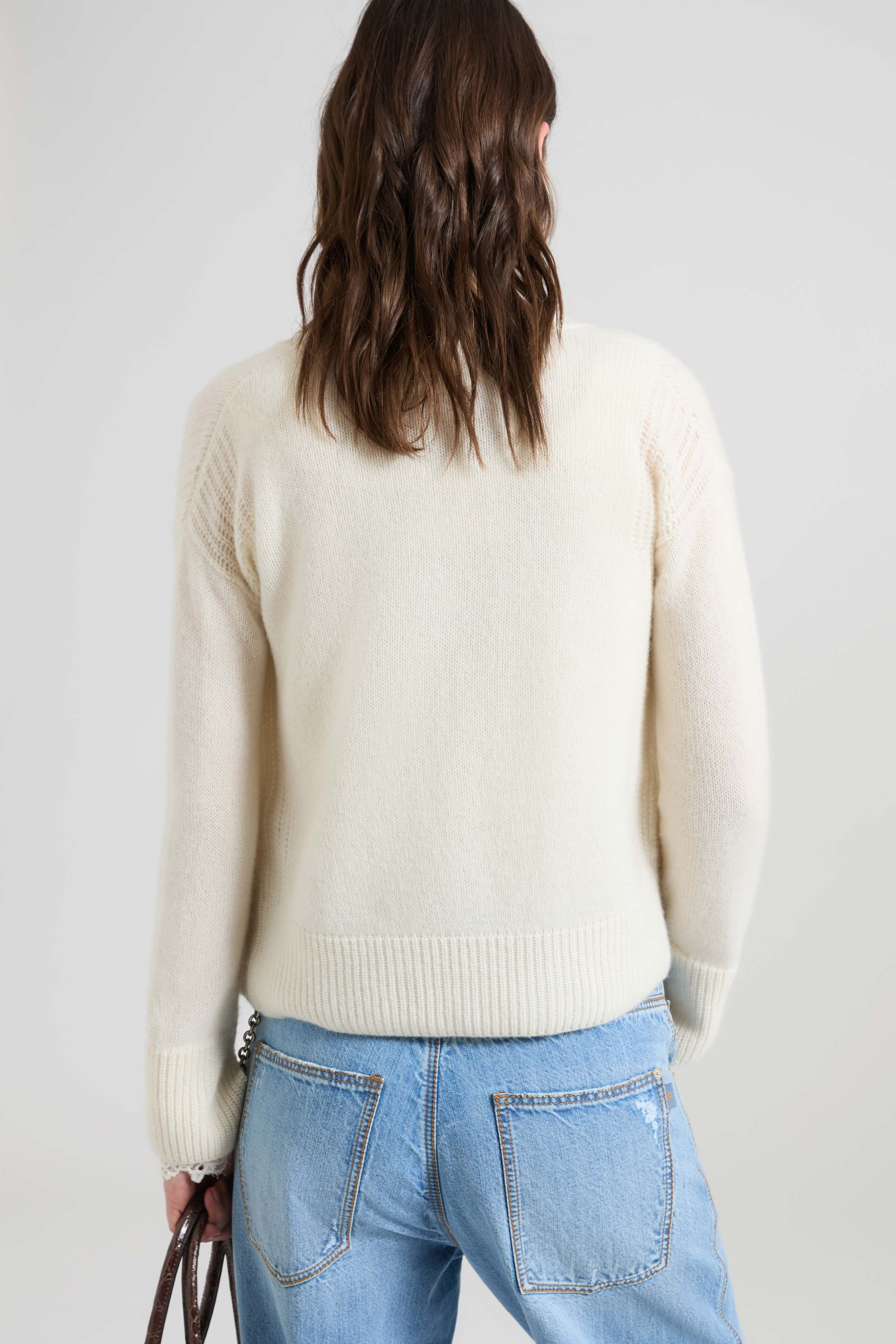 Pure cashmere V-neck cardigan with wool lace details - Image 5