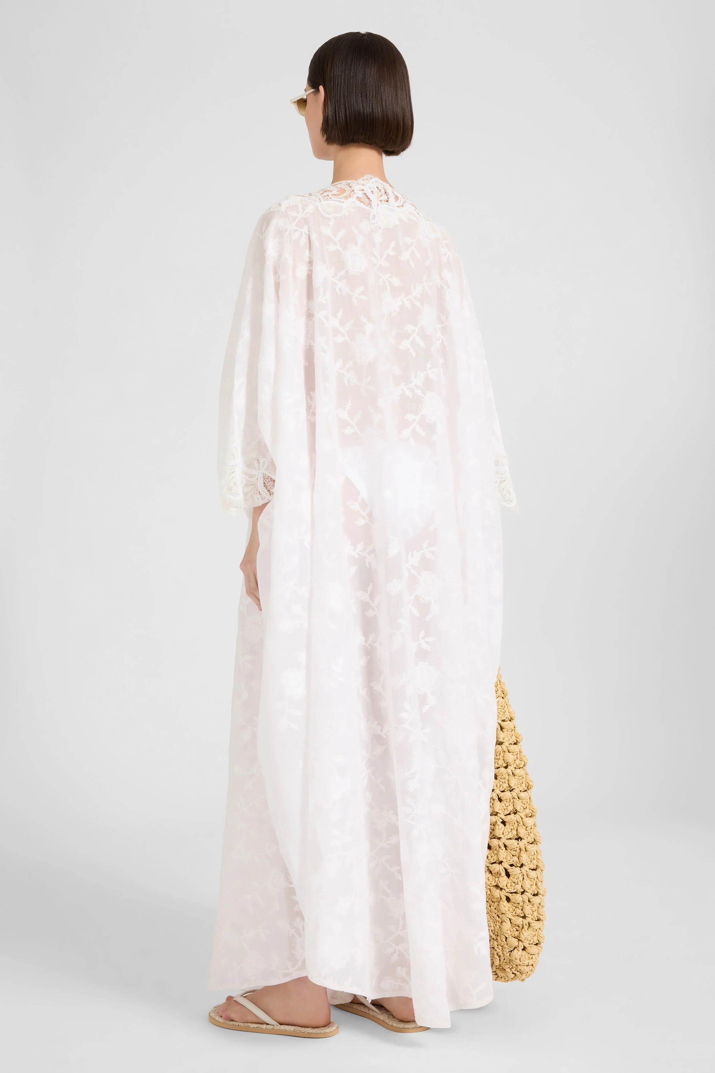 Pure cotton voile kaftan with all-over floral embroidery - Image 5