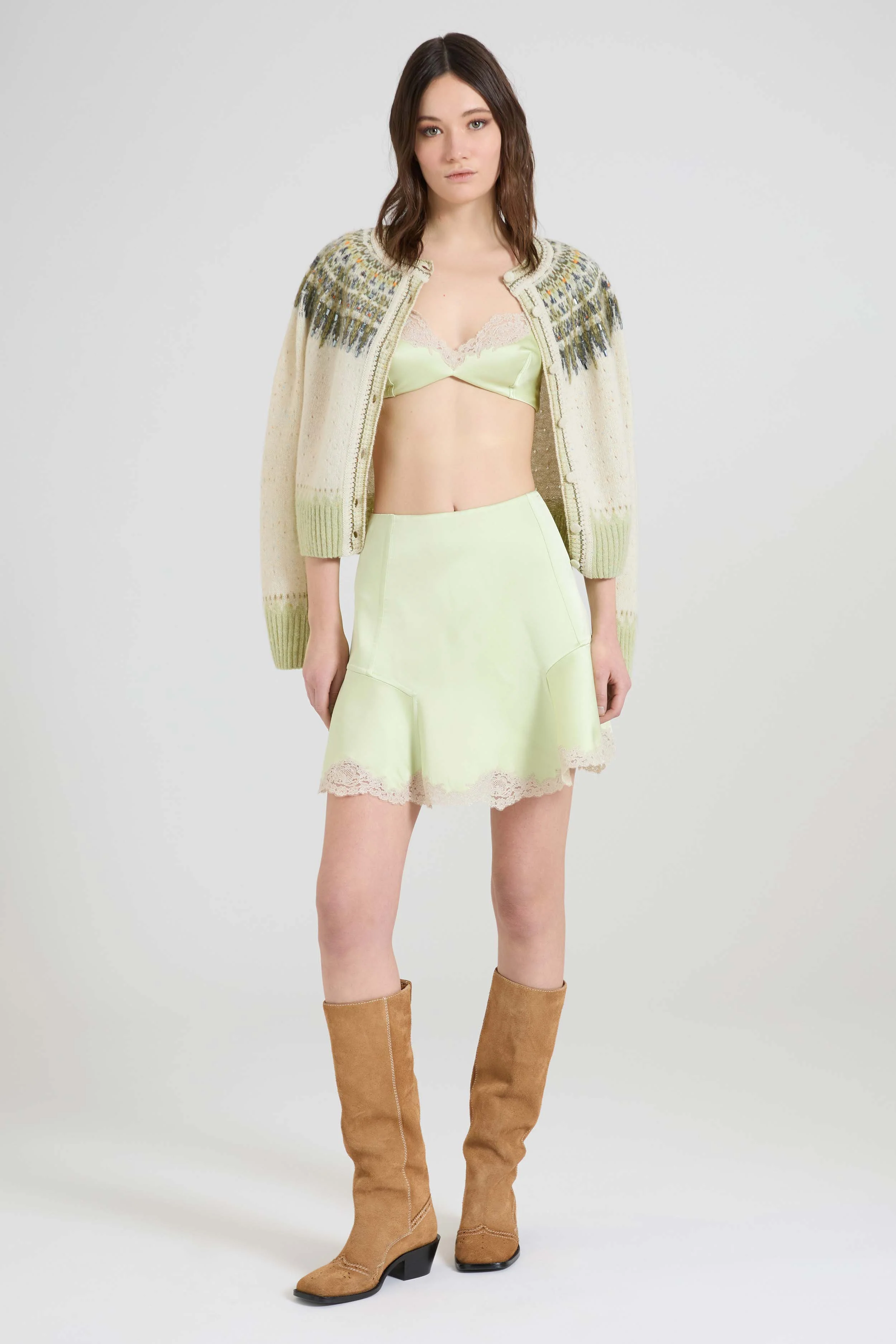 Pure silk satin mini skirt with contrasting rebrodé lace - Image 2