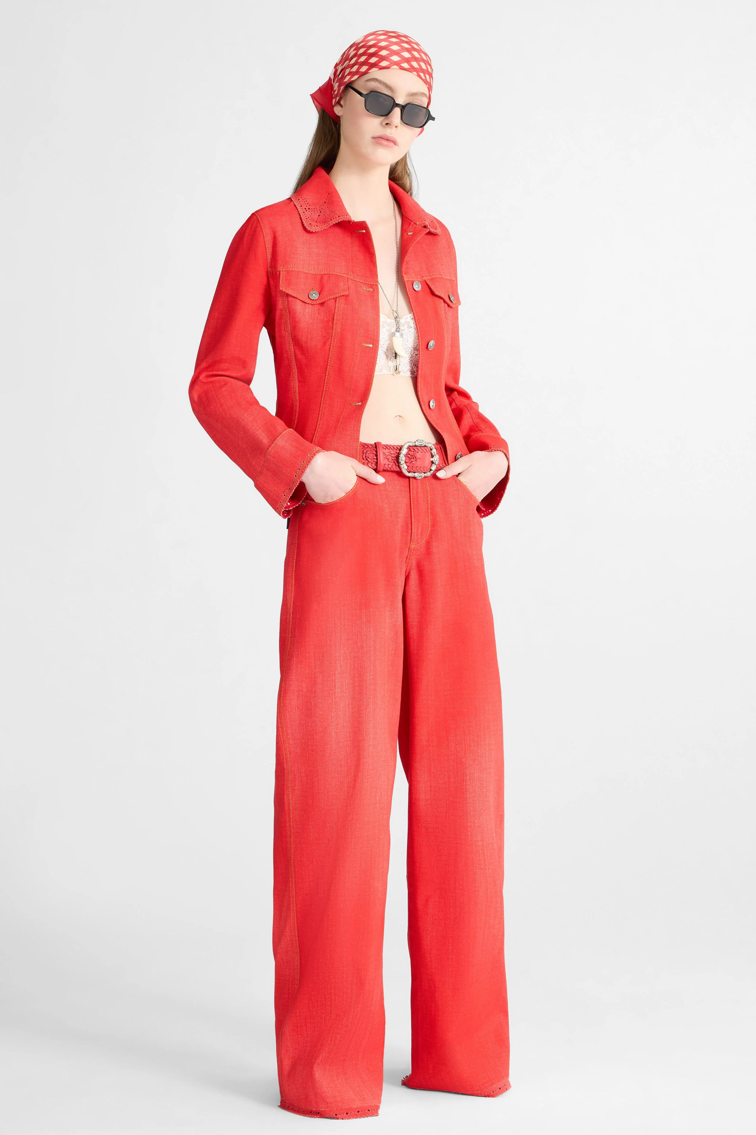 Red printed jeans-effect marocain palazzo trousers - Image 3