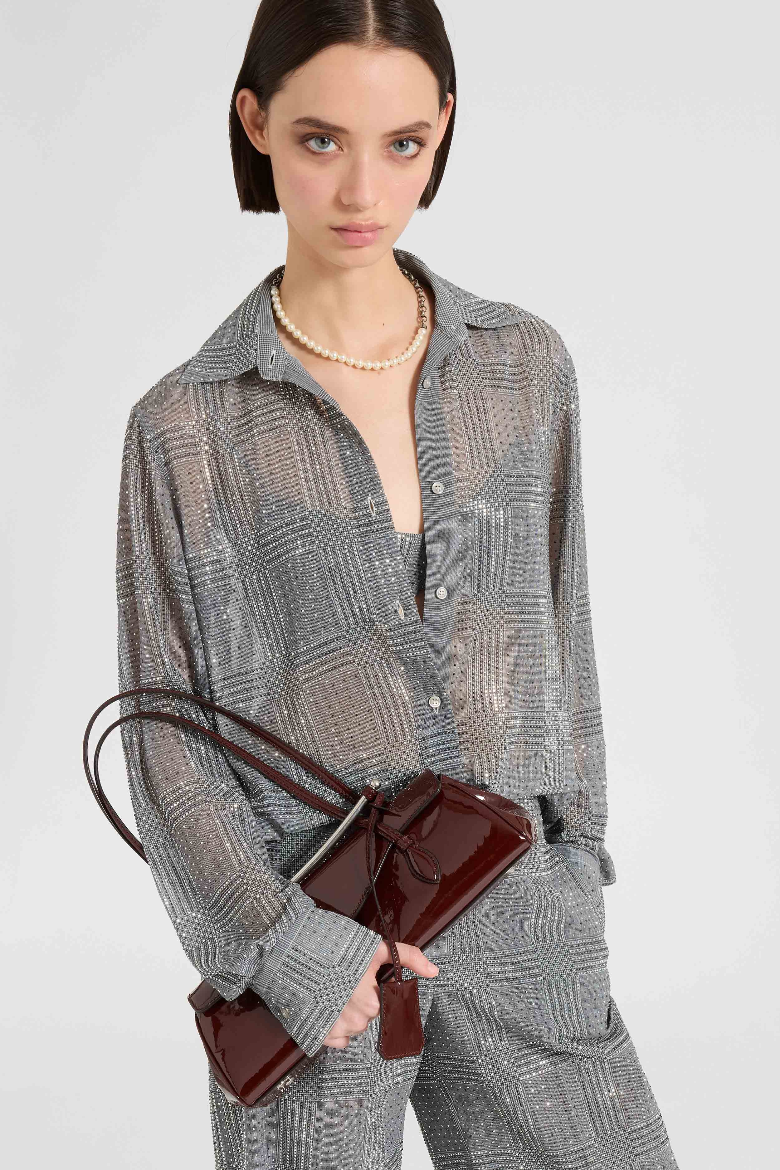 Regular-fit Prince of Wales technical georgette shirt with crystals - Image 2
