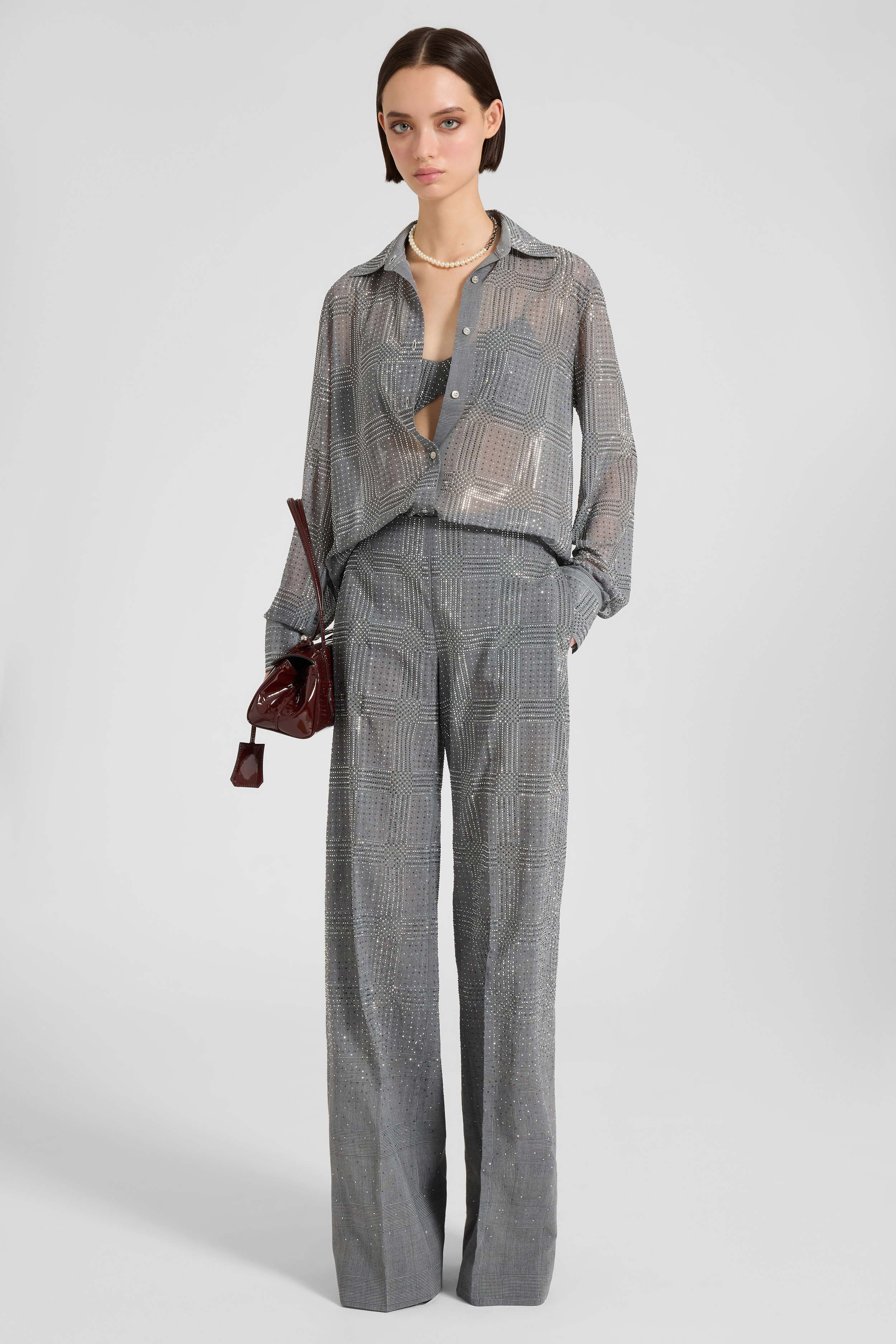 Regular-fit Prince of Wales technical georgette shirt with crystals - Image 3