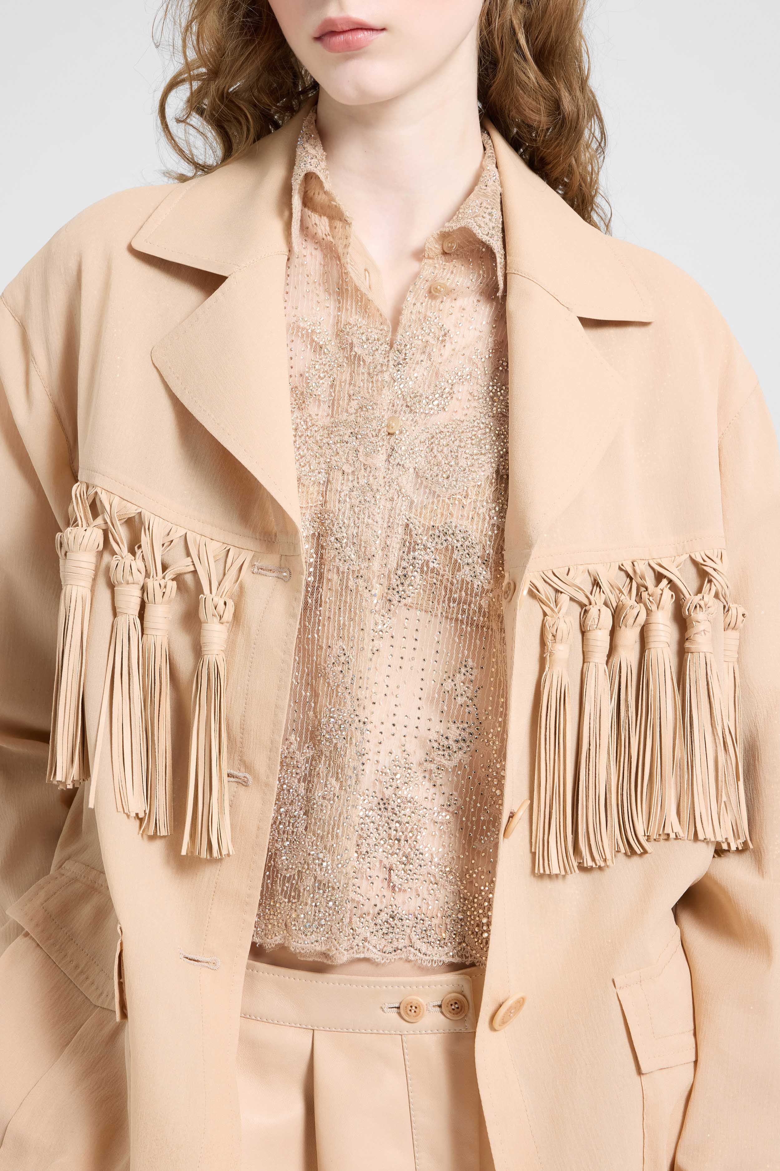 Sahariana in georgette bonded with silk chiffon with nappa tassels - Image 4