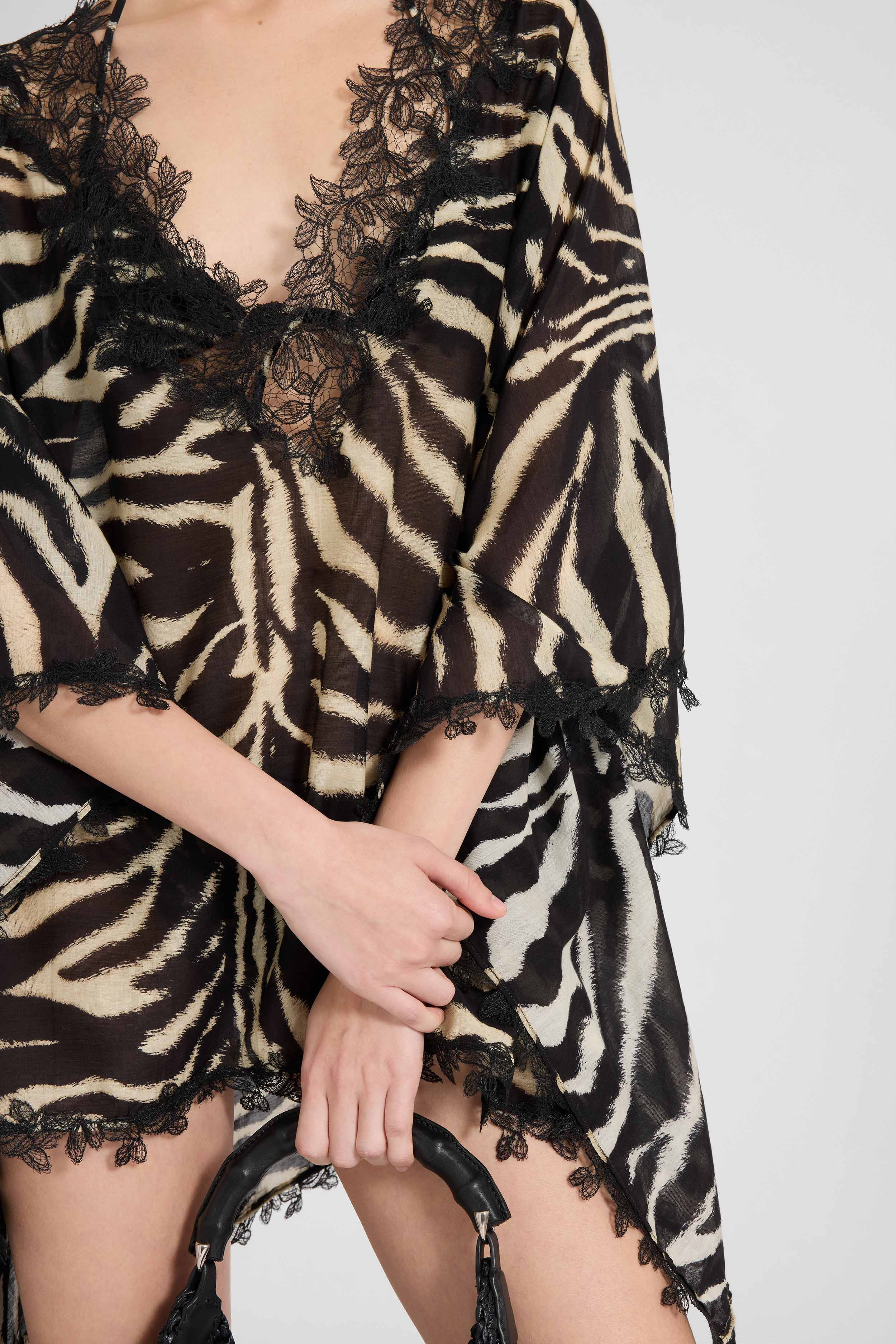 Short cotton and silk blend kaftan with zebra animalier print - Image 3