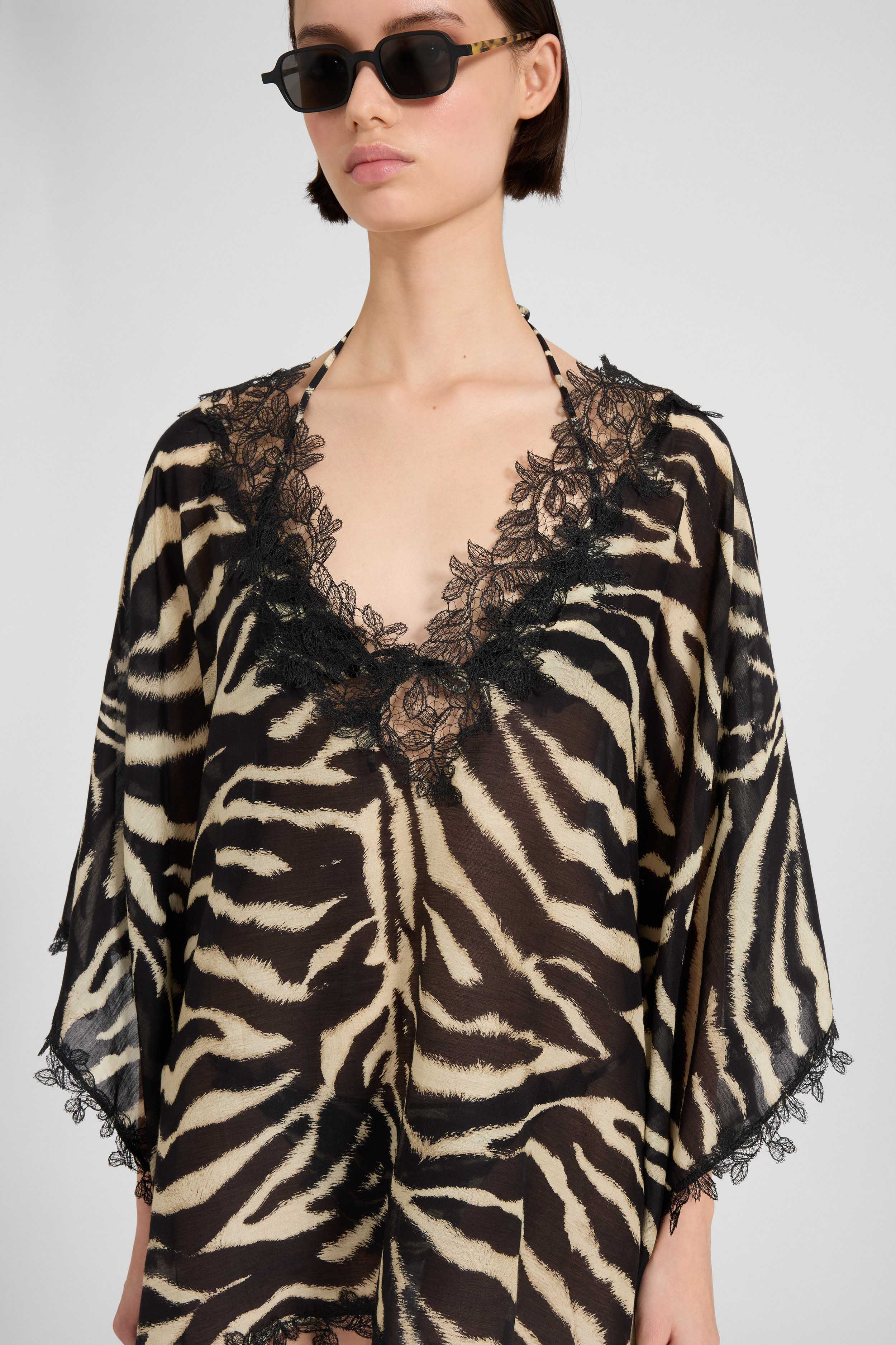 Short cotton and silk blend kaftan with zebra animalier print - Image 4