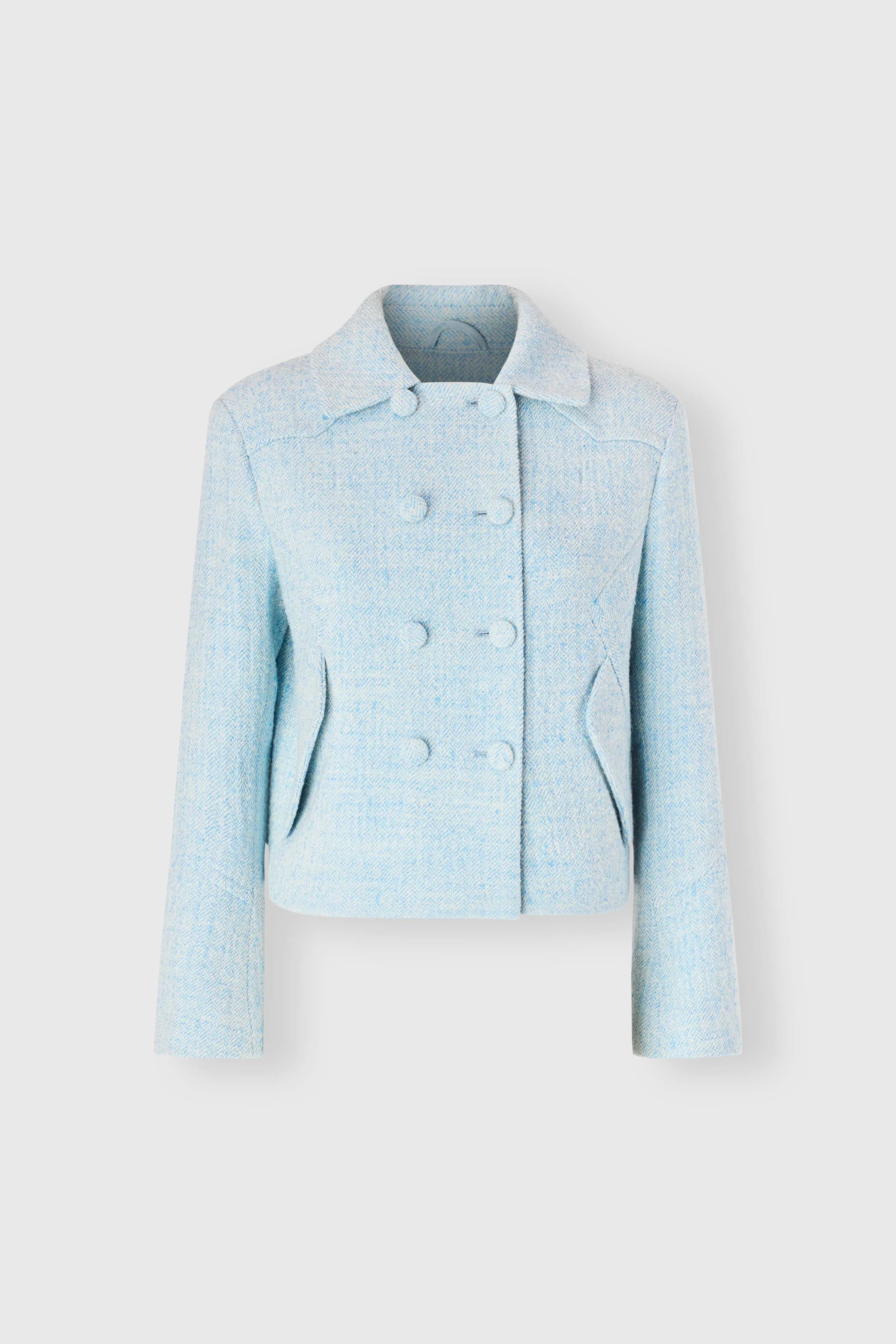 Short Double-Breasted Jacket in Wool with Yarn-Dyed Resca Pattern