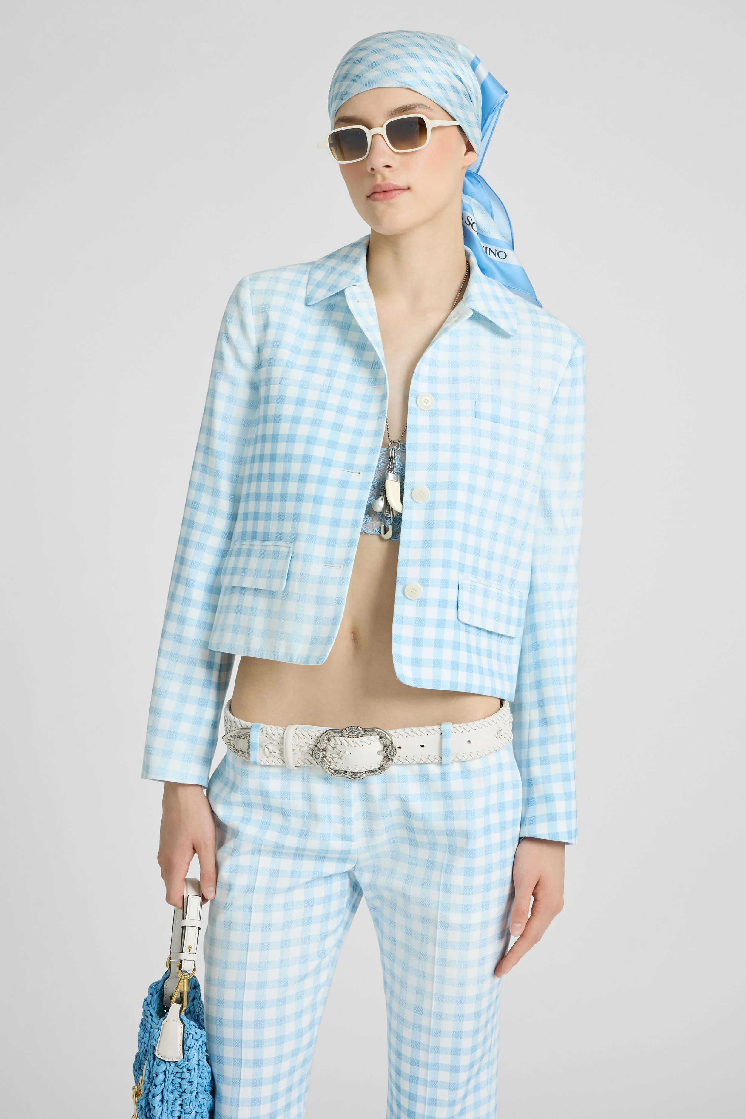 Short marocain jacket in vichy print with collar - Image 5