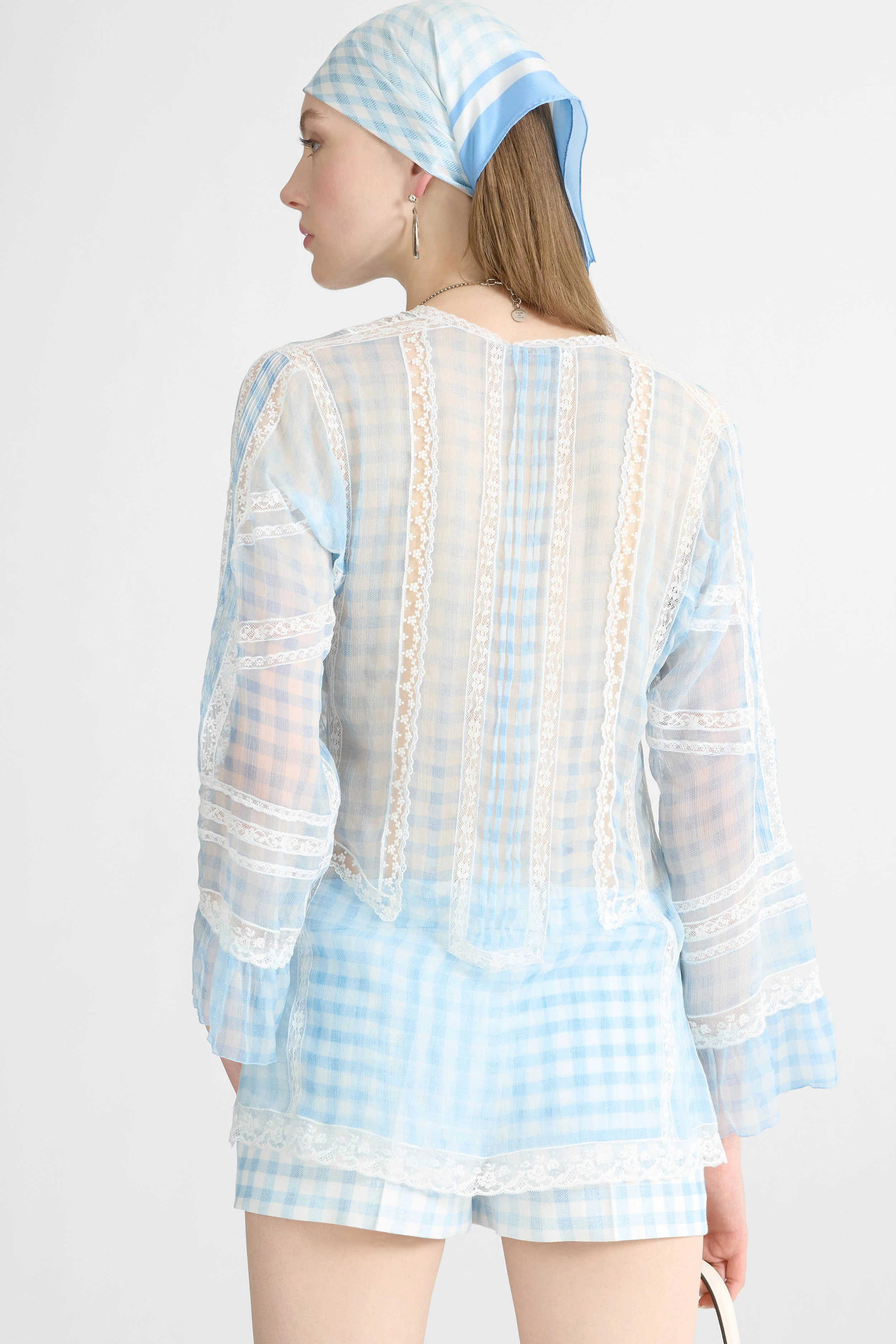 Silk Blouse with Vichy Print and Valencienne Lace - Image 5