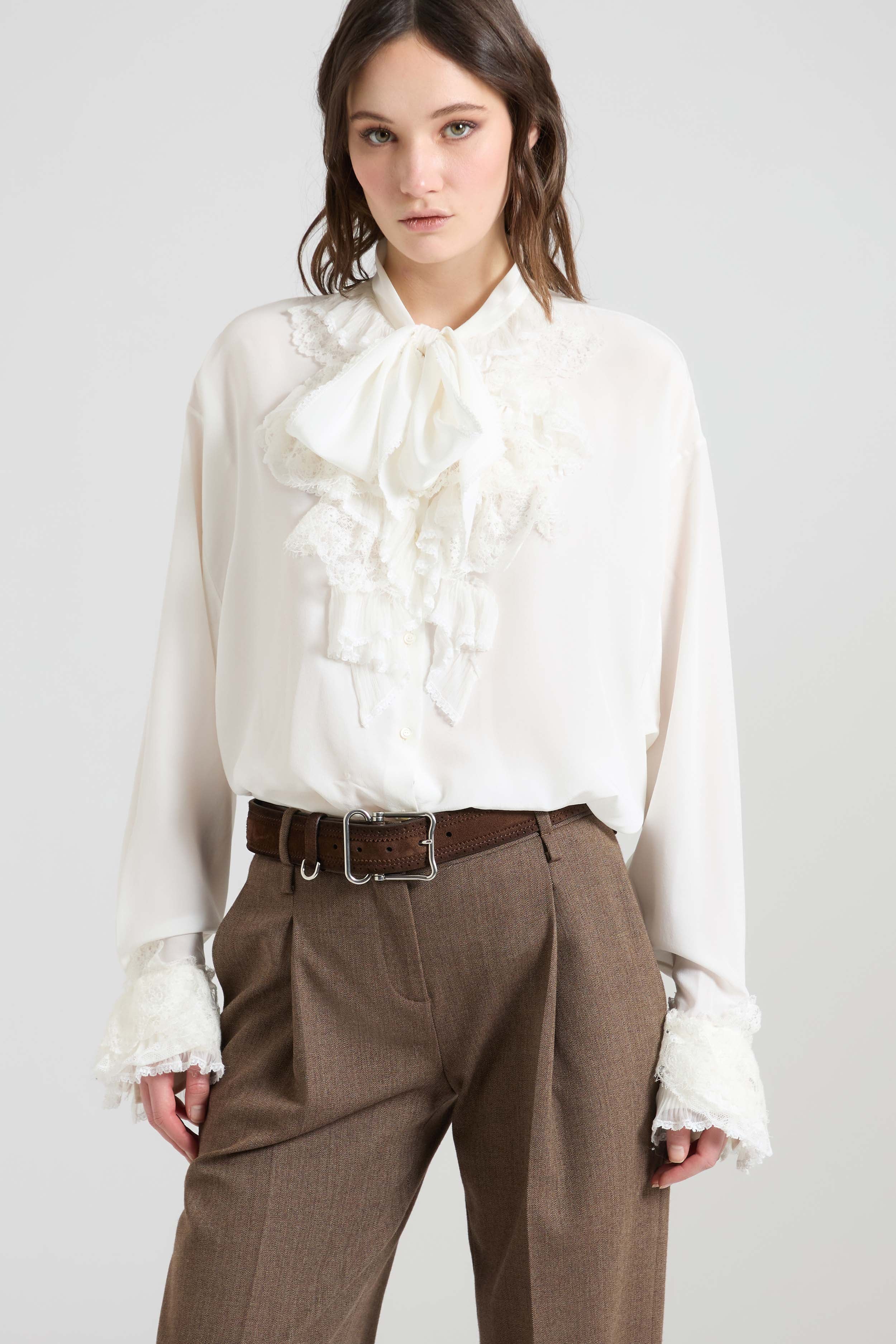 Silk crêpe de chine shirt with sash collar and Valencienne lace details - Image 3