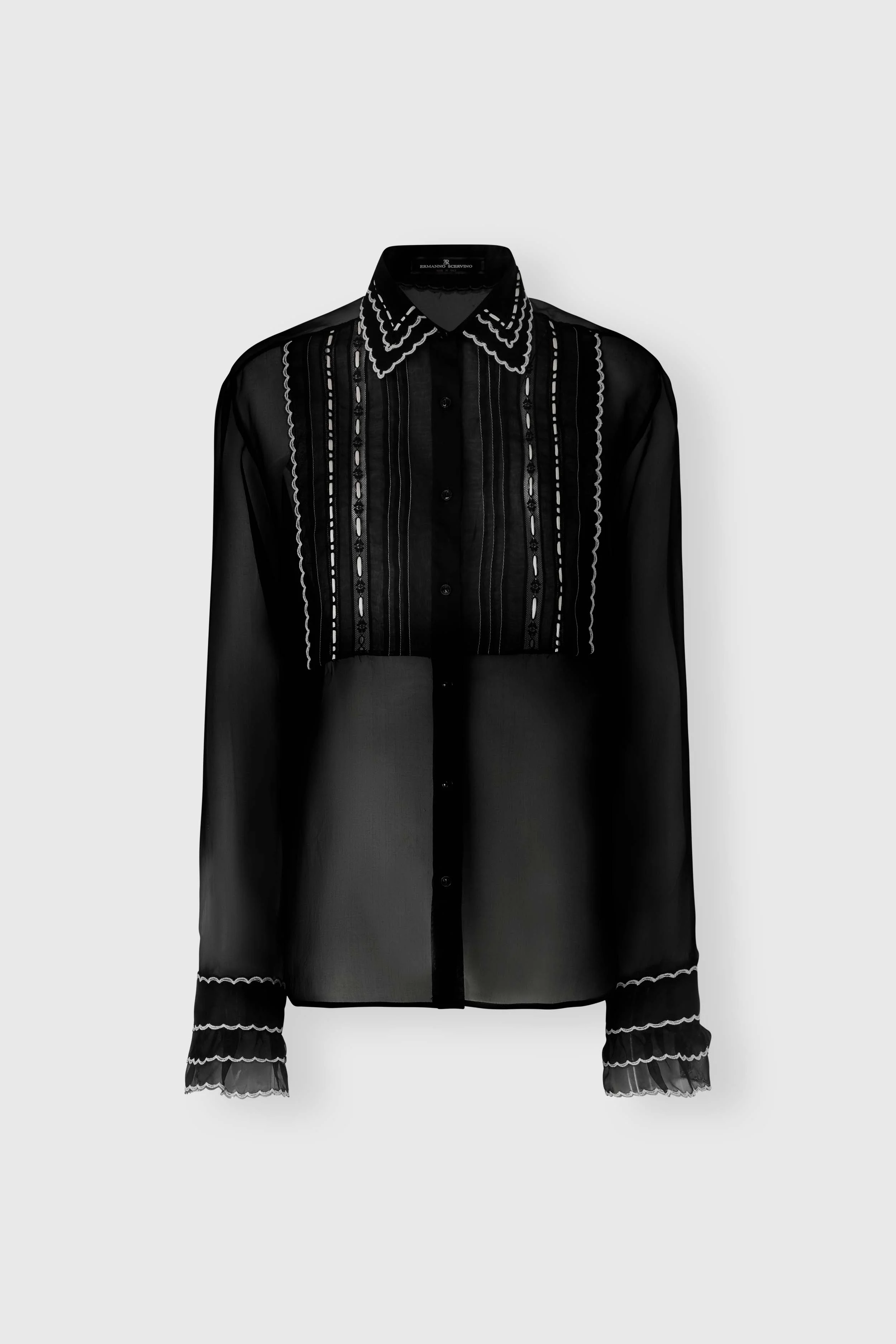 Silk organza shirt with geometric embroidery and handcrafted pleating