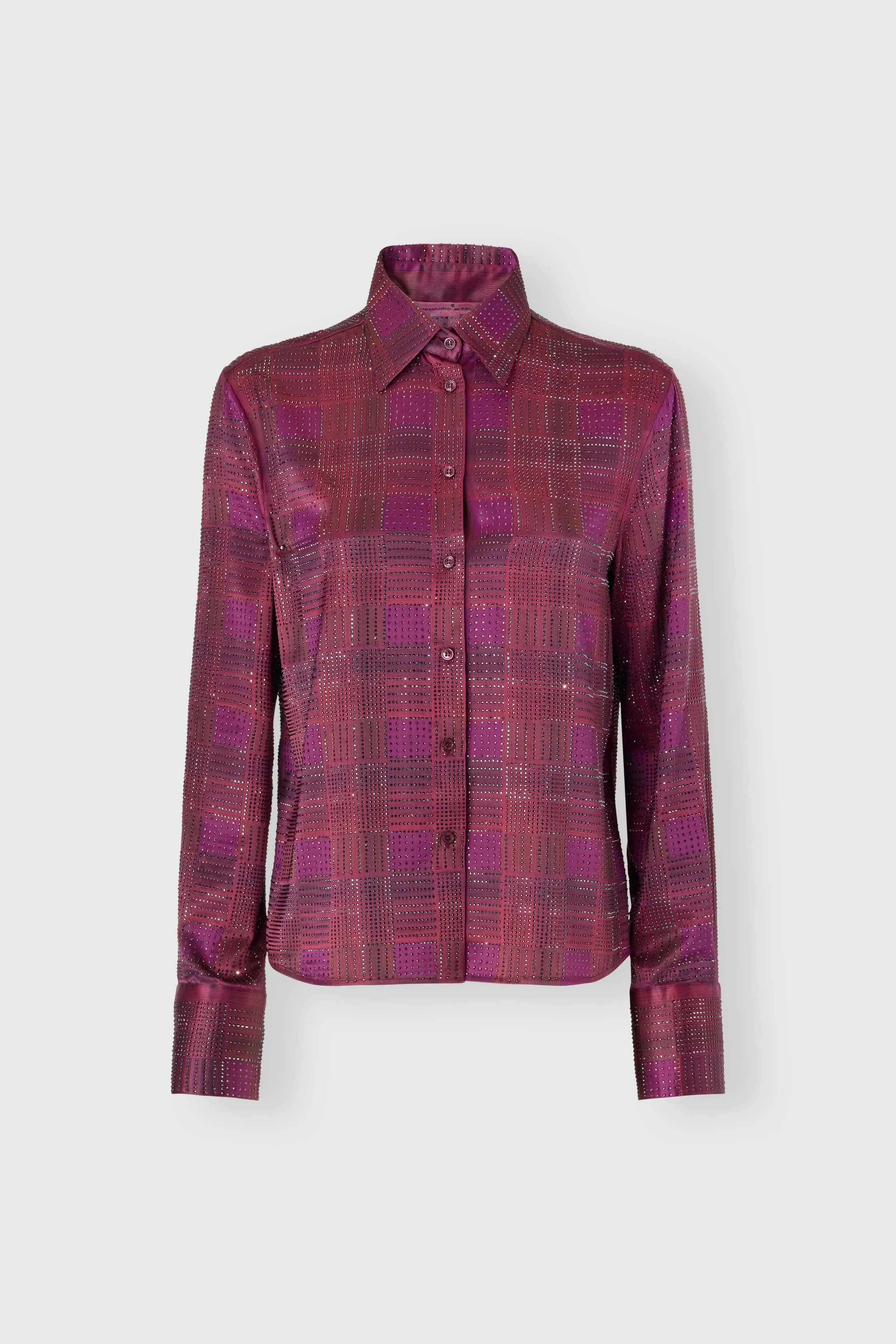 Silk satin shirt with check print and tone-on-tone crystals