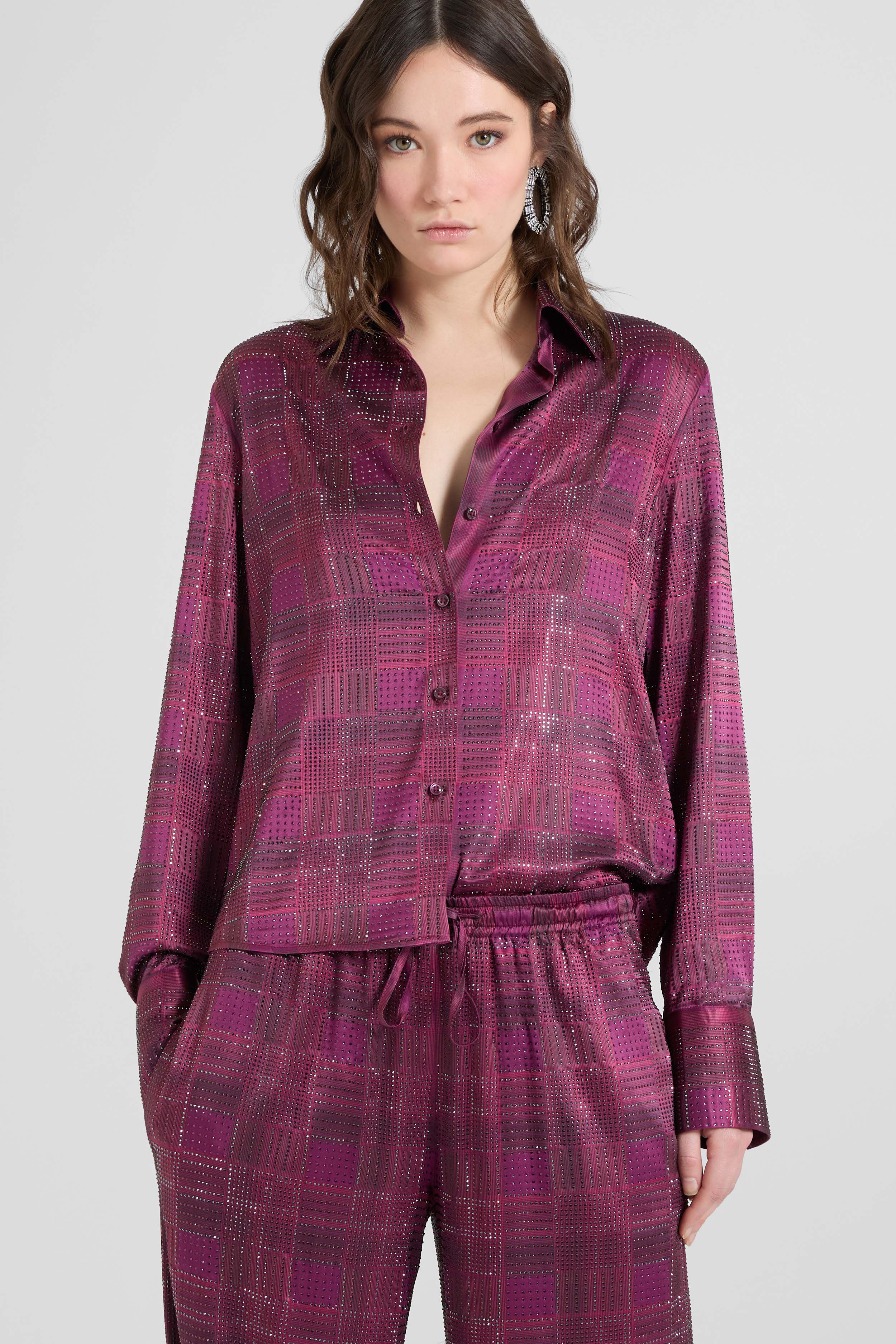 Silk satin shirt with check print and tone-on-tone crystals - Image 3
