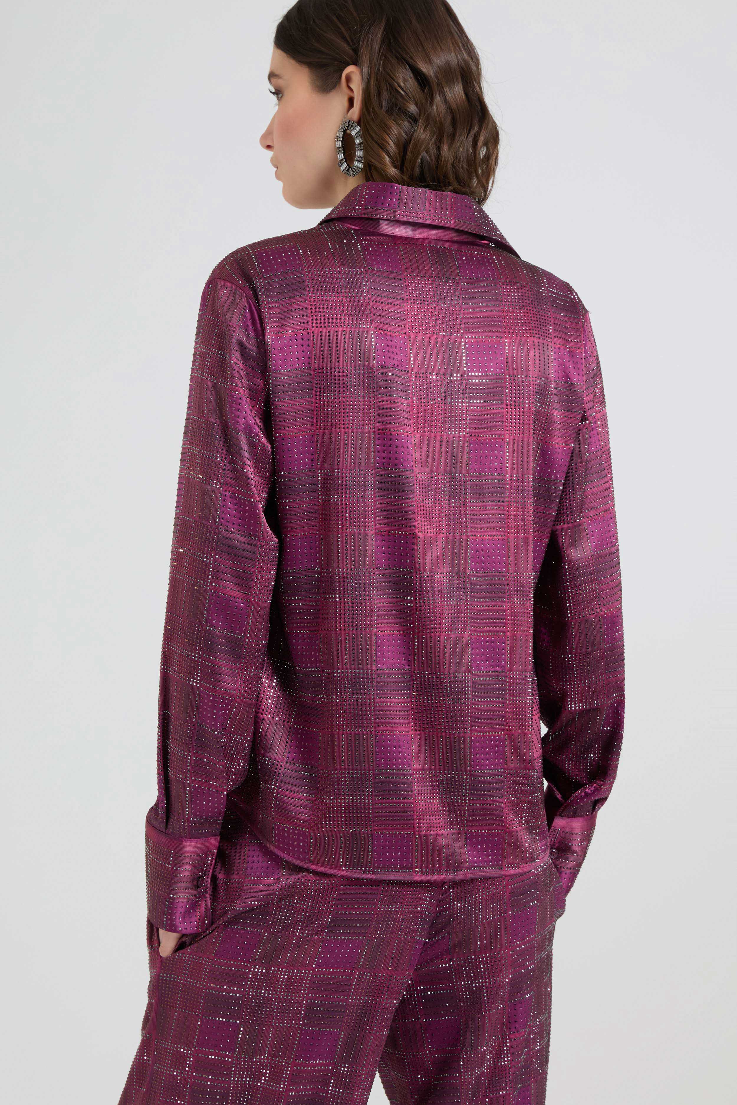 Silk satin shirt with check print and tone-on-tone crystals - Image 5