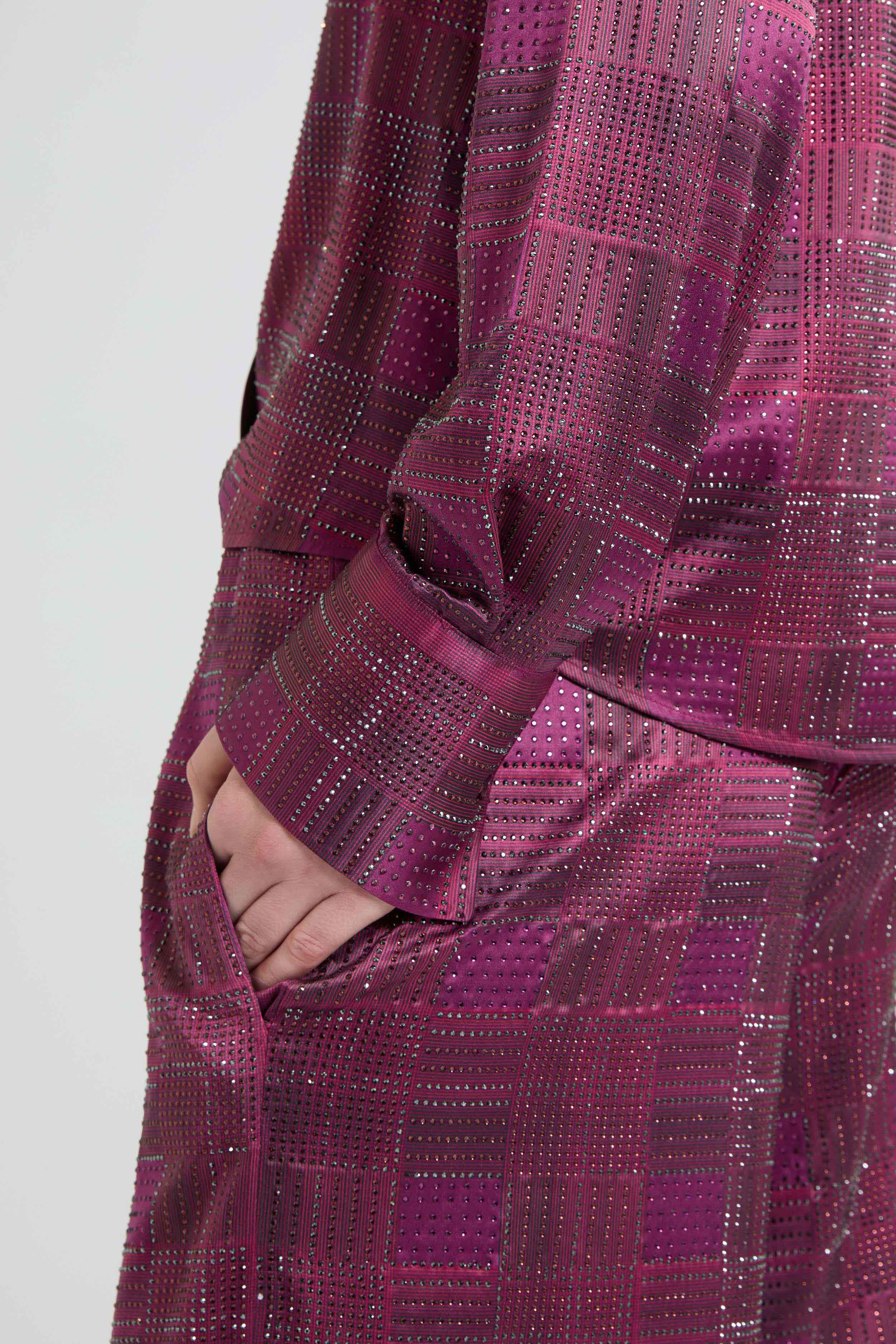 Silk satin shirt with check print and tone-on-tone crystals - Image 6