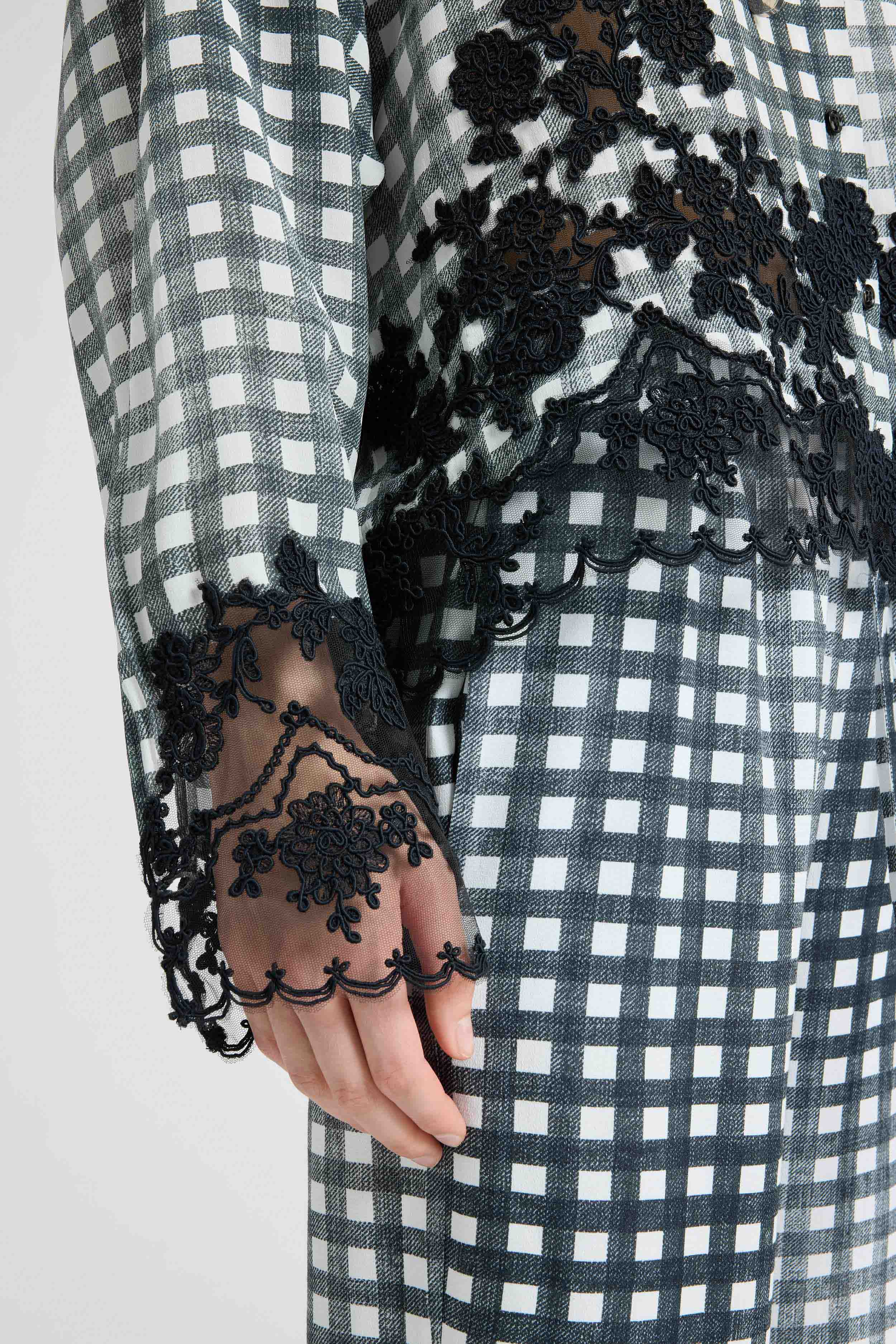 Silk Shirt with Vichy Pattern and Hand-Applied Rebrodé Lace - Image 3