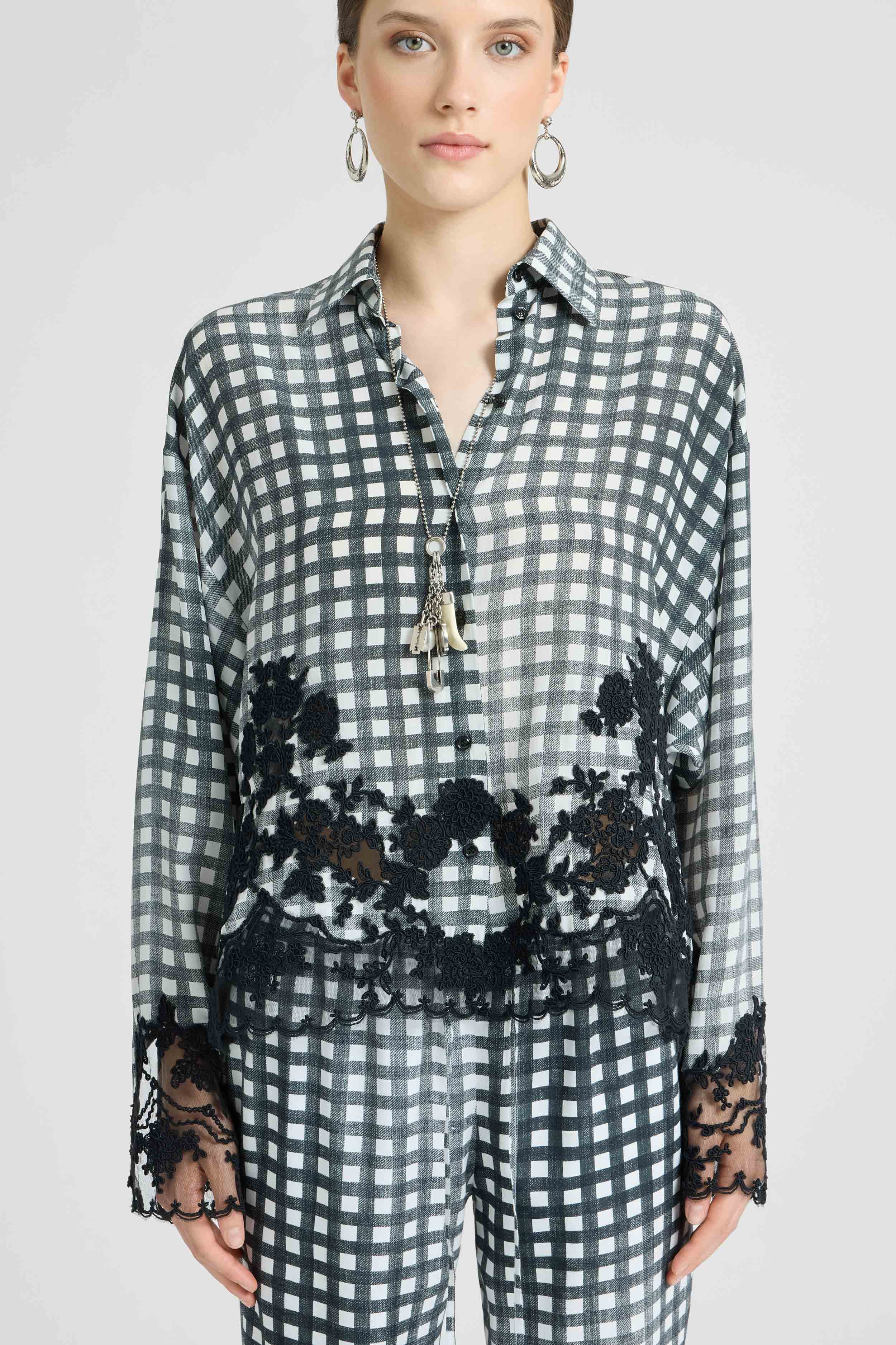 Silk Shirt with Vichy Pattern and Hand-Applied Rebrodé Lace - Image 4