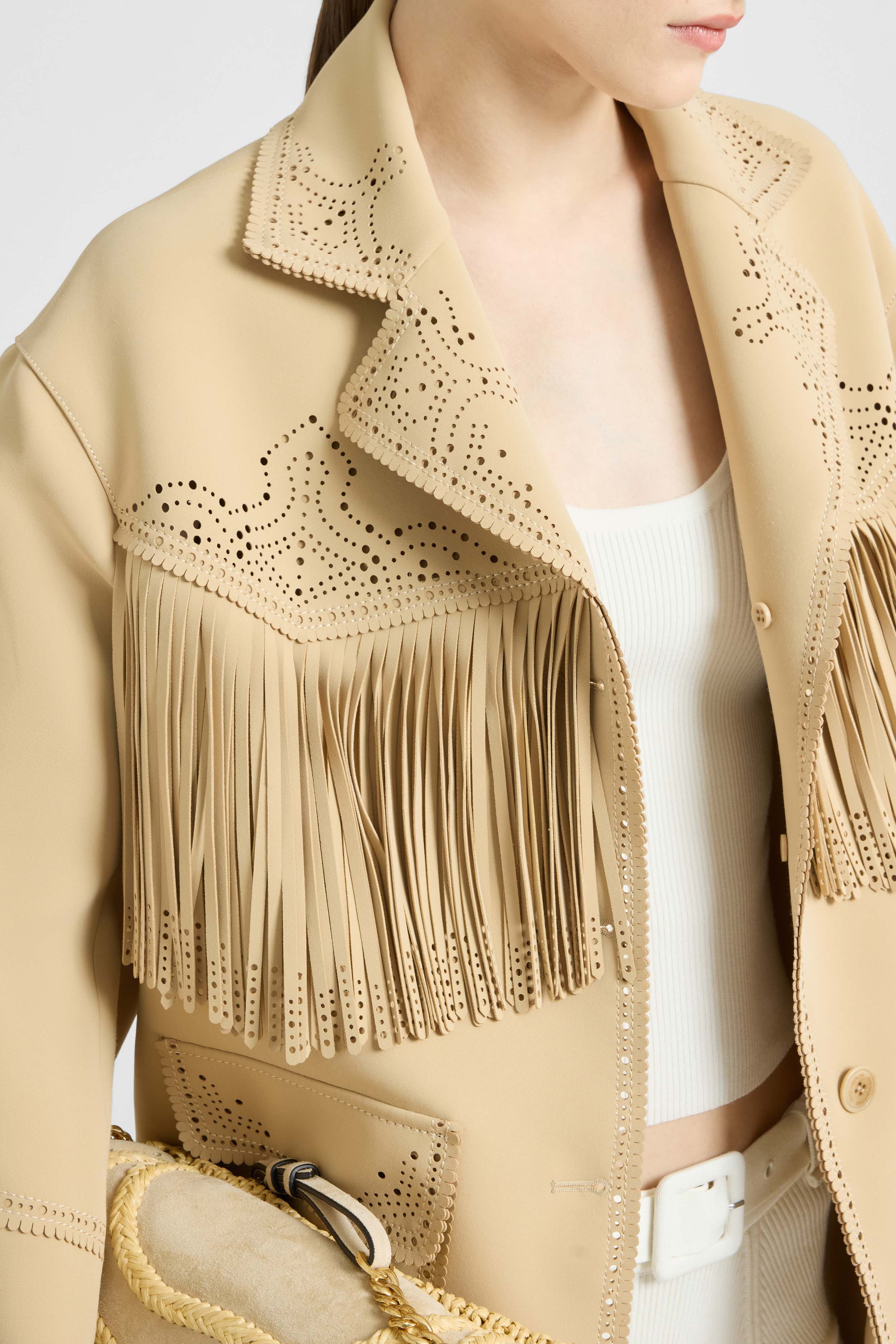 Single-breasted cadì jacket with fringes and broguing - Image 4