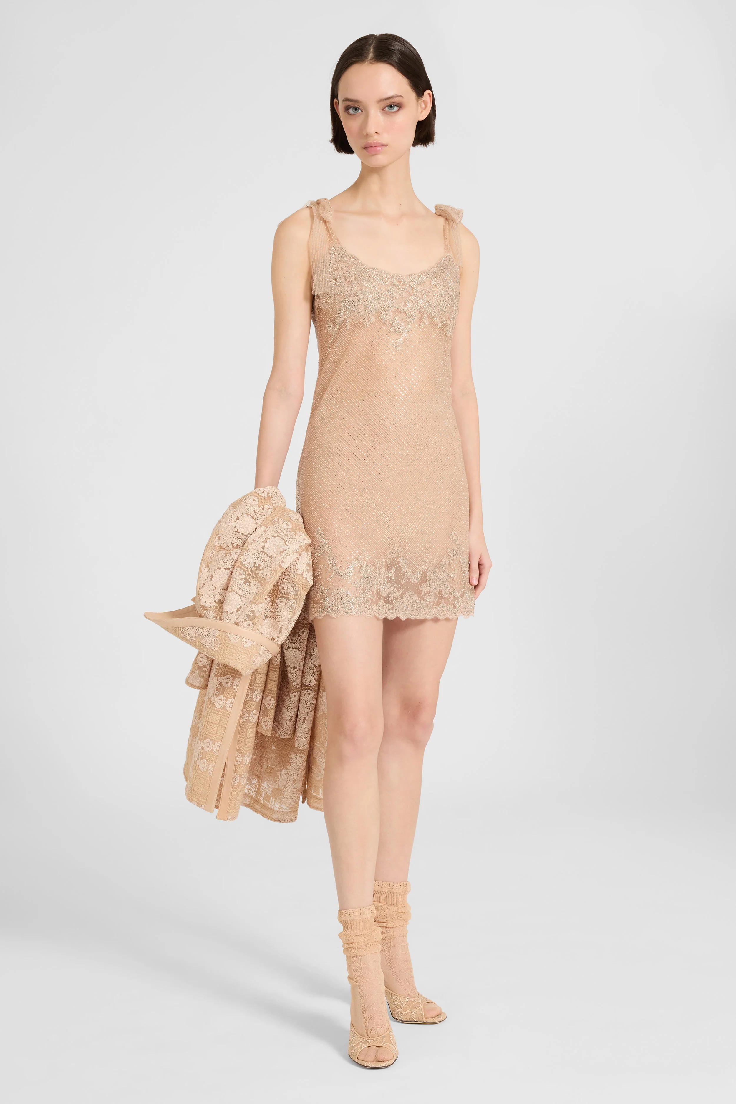 Slip dress in plumetis tulle with crystals and bow straps - Image 2