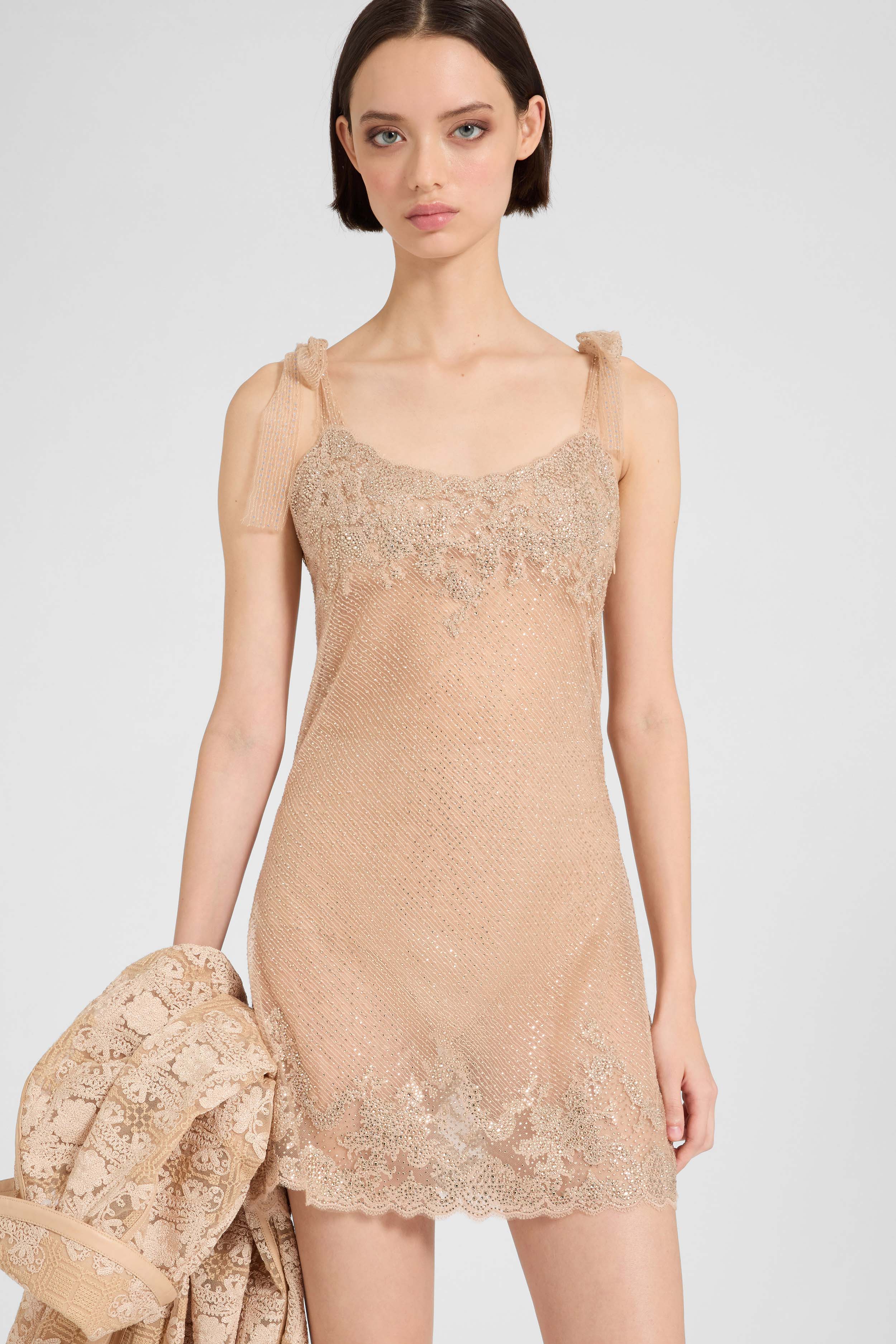 Slip dress in plumetis tulle with crystals and bow straps - Image 3