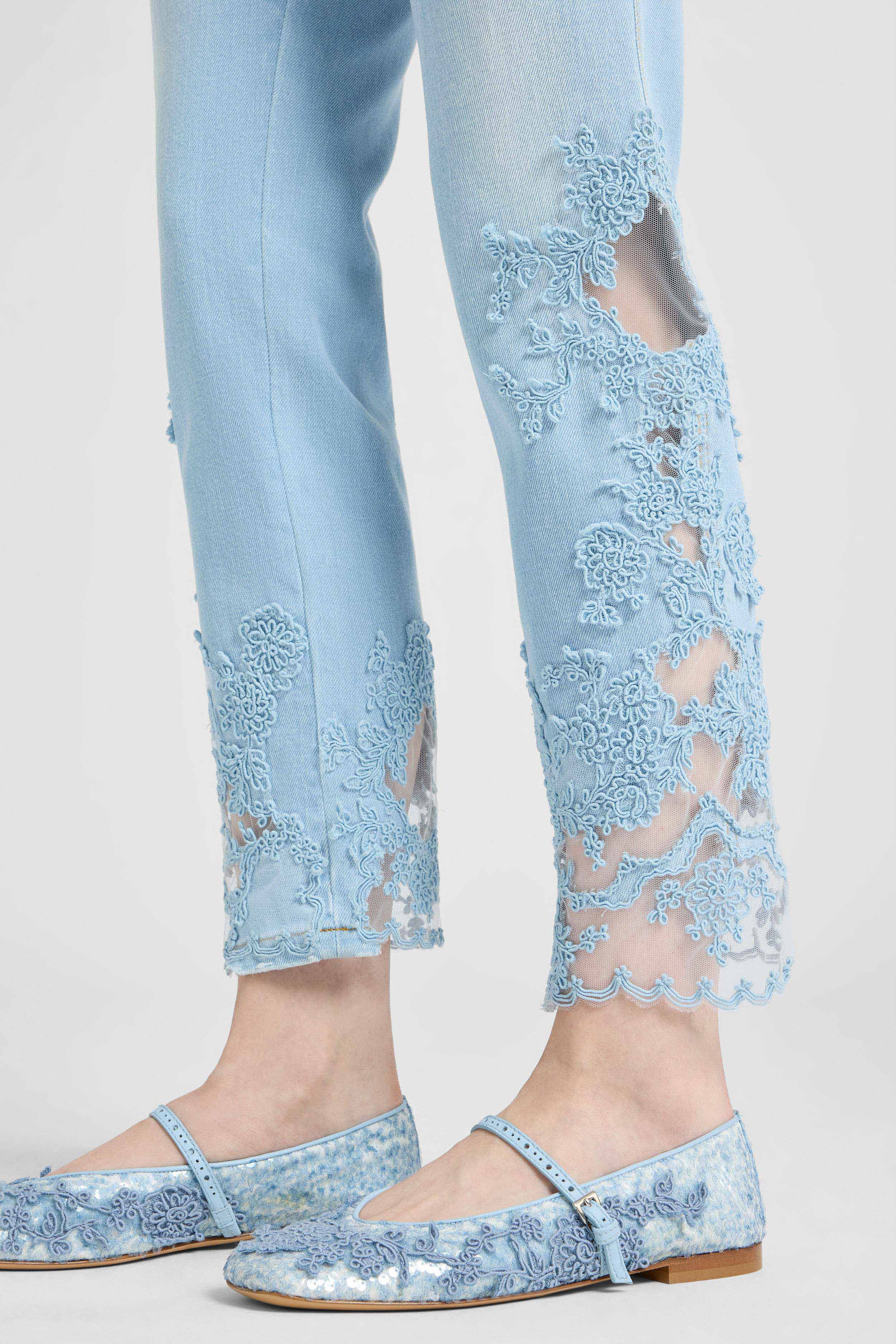 Straight-leg denim trousers with hand-applied rebrodè lace - Image 3