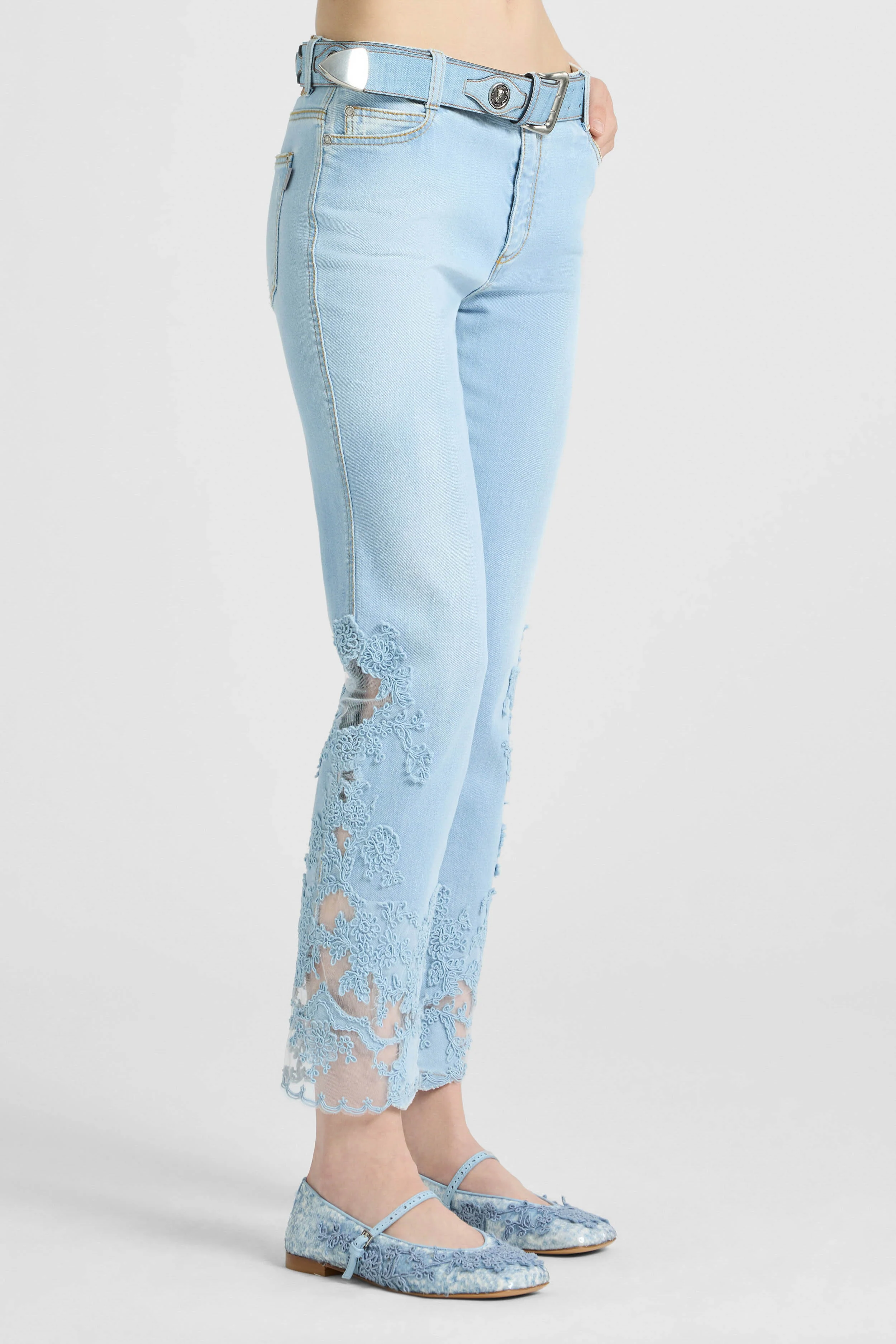 Straight-leg denim trousers with hand-applied rebrodè lace - Image 4