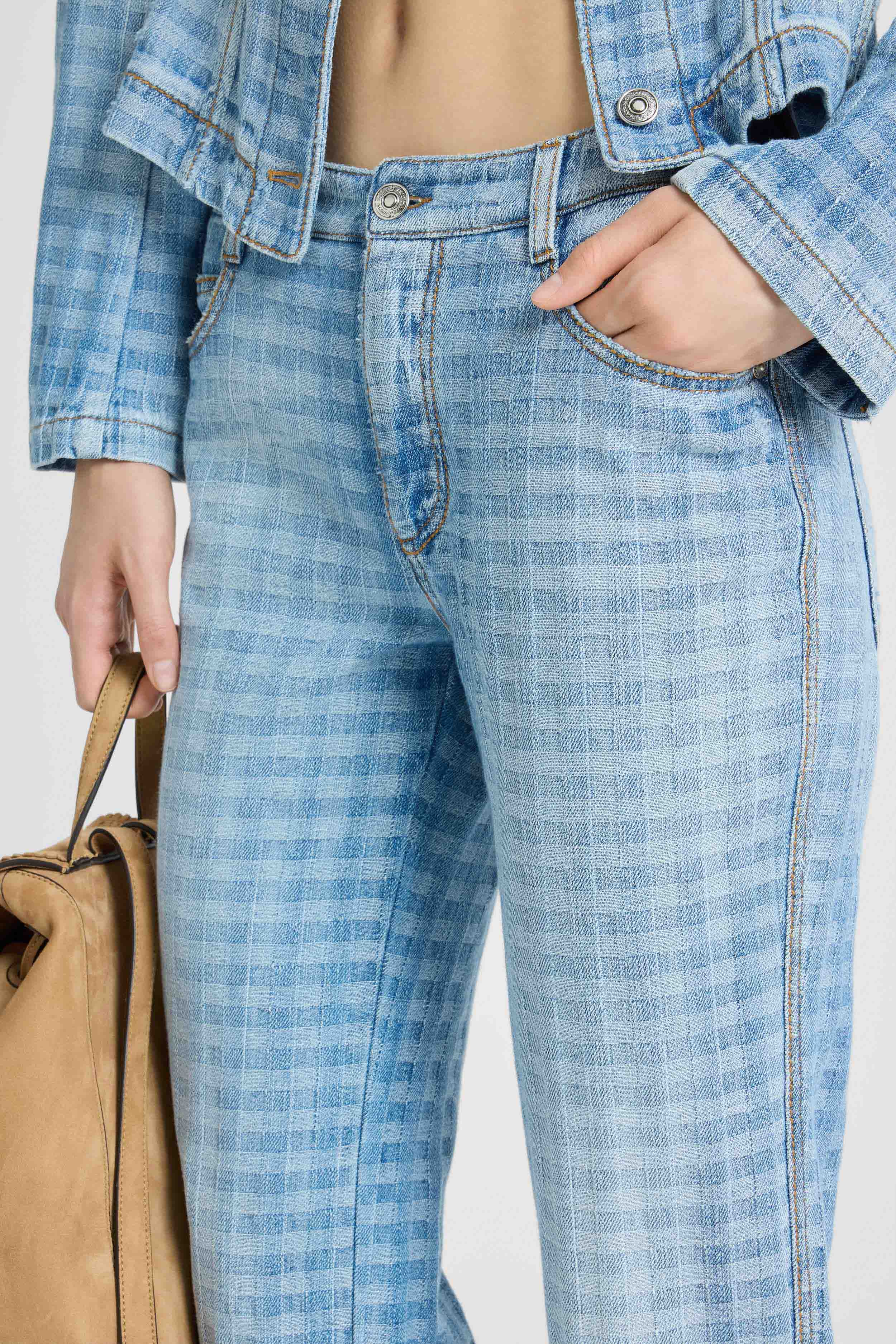 Straight-leg jacquard vichy denim trousers - Image 4