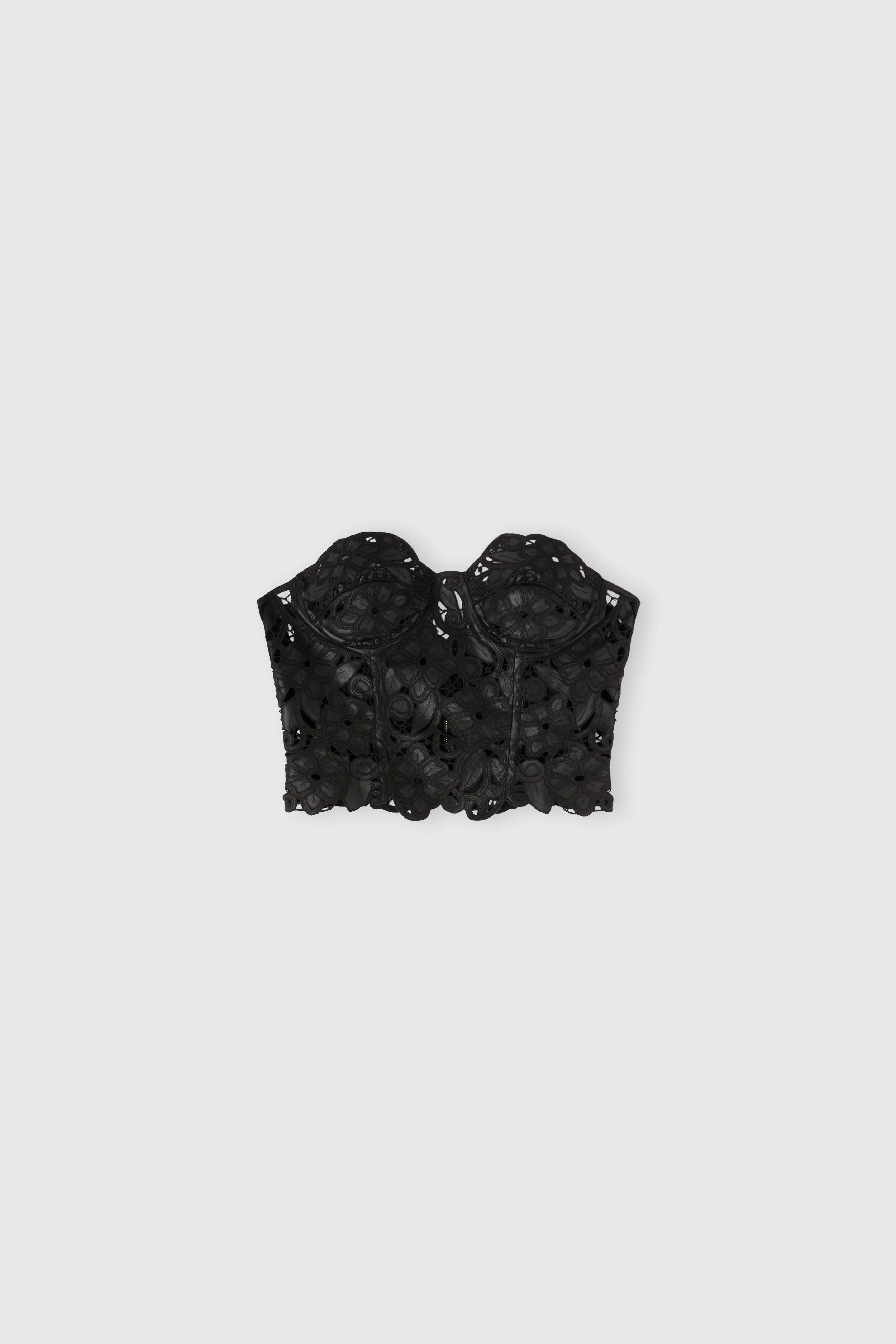 Strapless lambskin leather bustier top with hand-cut floral motif