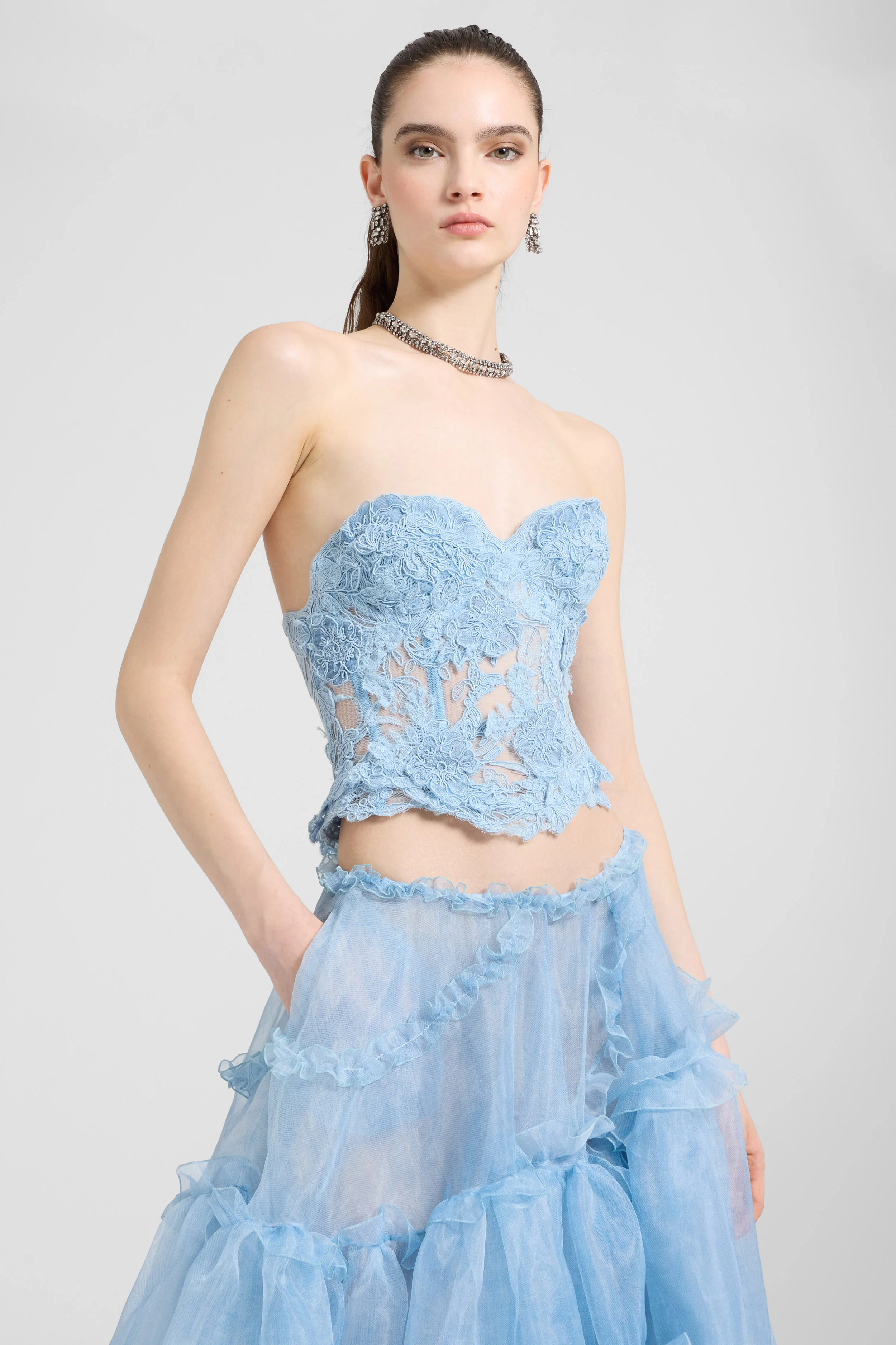 Structured rebrodé lace bustier top – light blue - Image 4