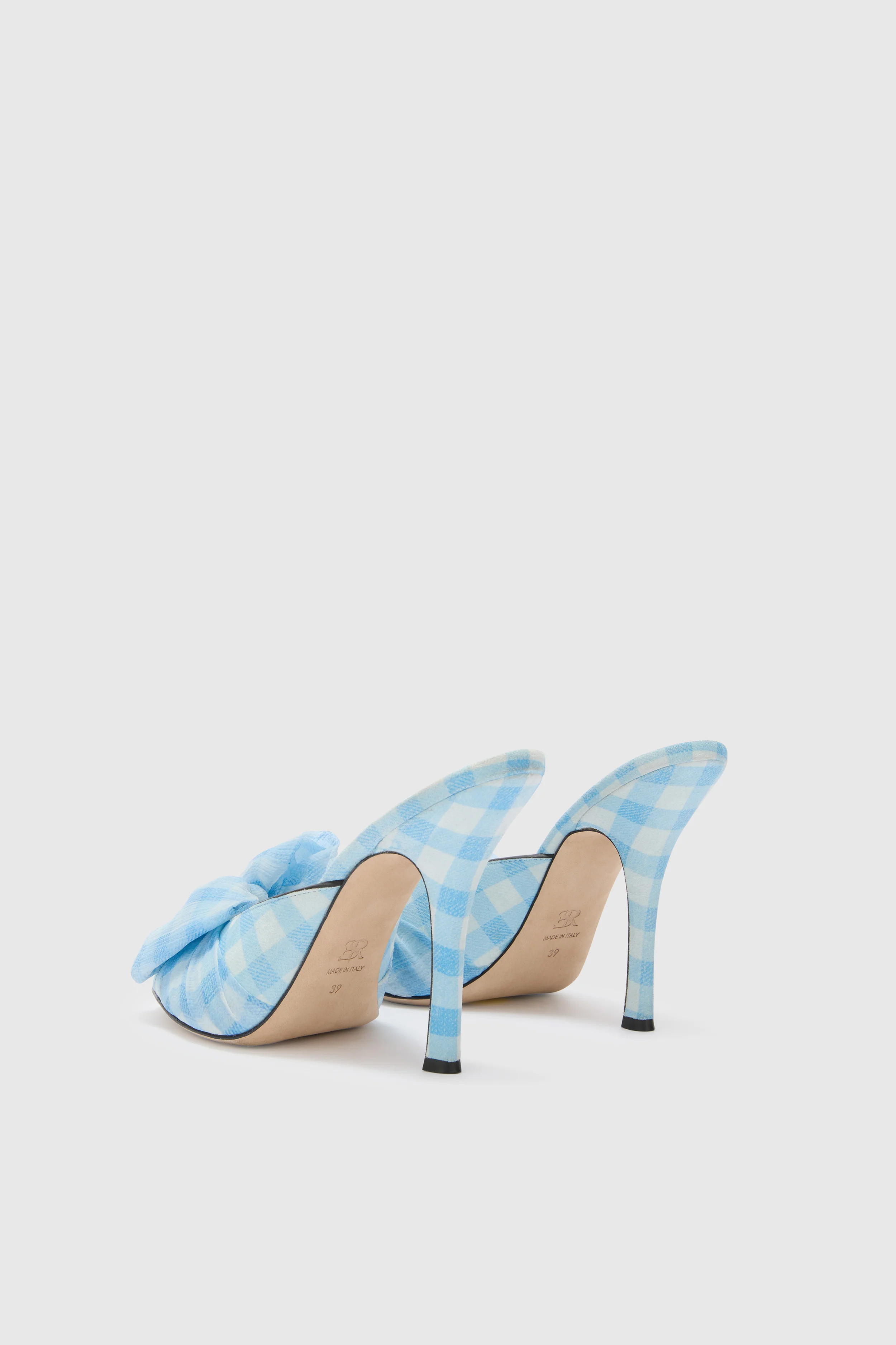 Suede vichy printed mules in white and light blue - Image 3