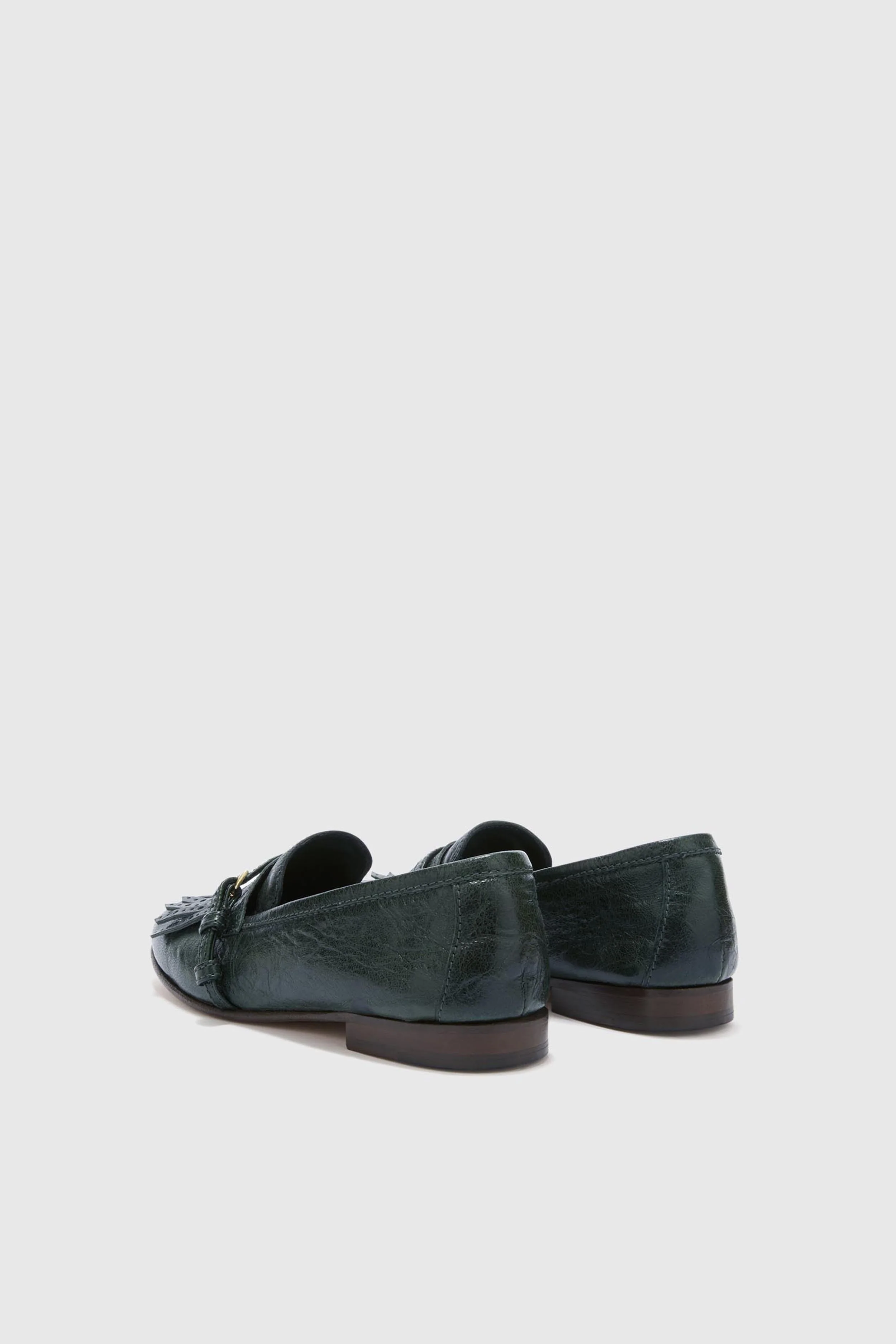 Vintage forest green nappa College loafer with brogue fringes and strap - Image 3